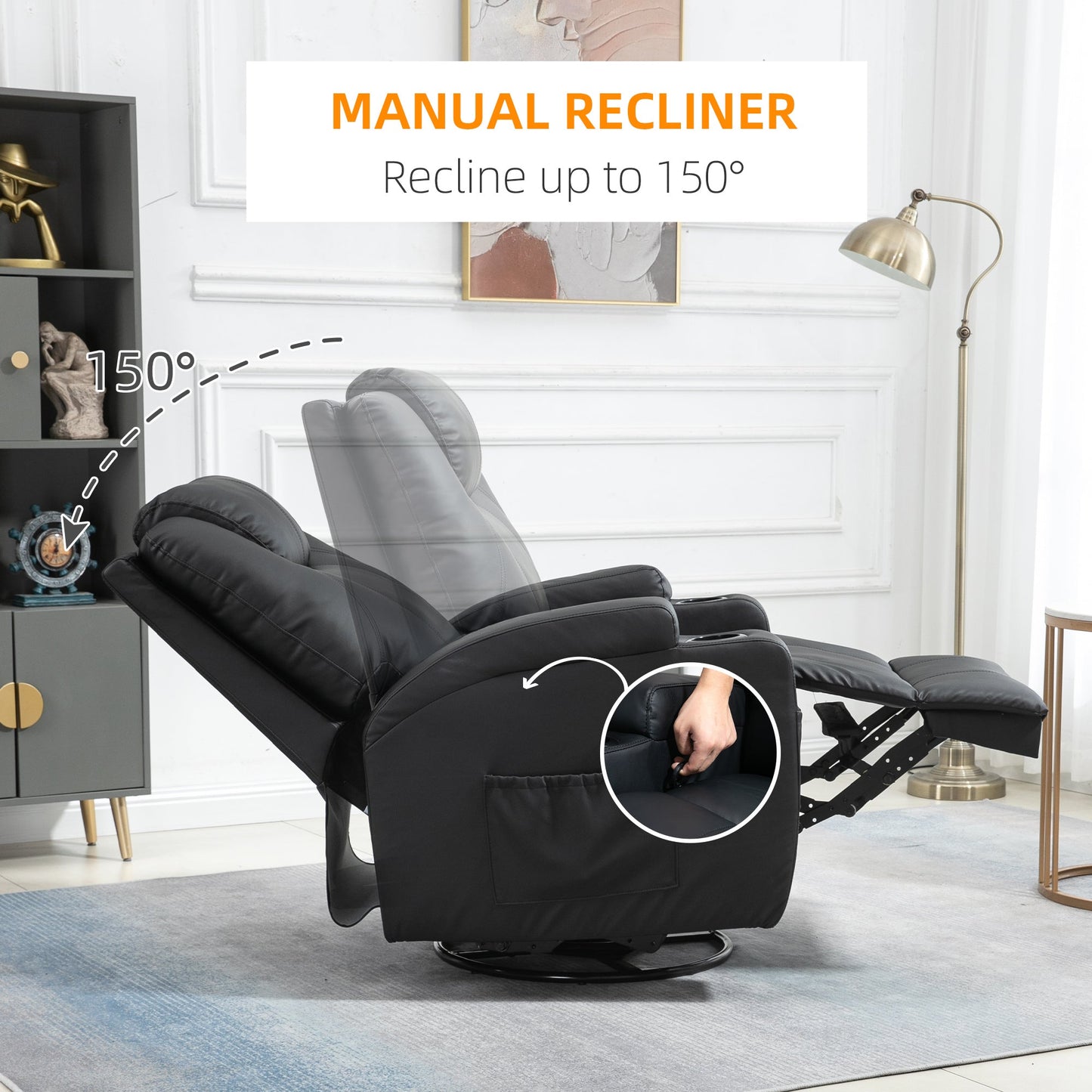 Massage Recliner Chair with Vibration, 360° Swivel, Dual Cup Holders, Black Single Sofas   at Gallery Canada