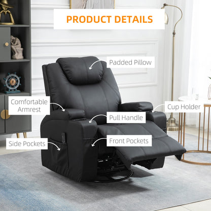 Massage Recliner Chair with Vibration, 360° Swivel, Dual Cup Holders, Black Single Sofas   at Gallery Canada