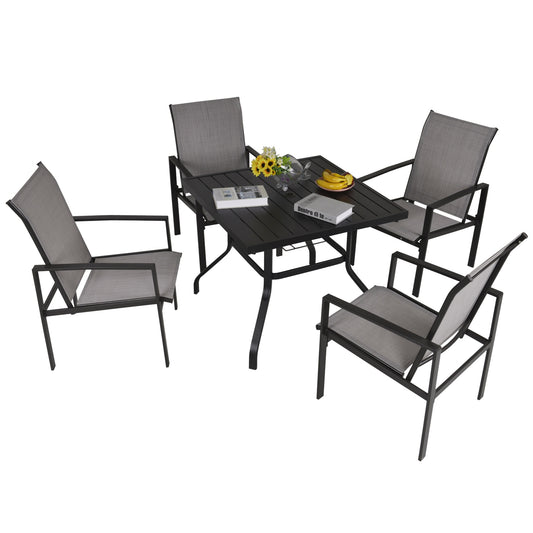 5pc Patio Garden Table Set Outdoor Furniture Dining Set w/ Metal Slat Finish and 1.75" Umbrella Hole for Backyard Porch, Grey - Gallery Canada