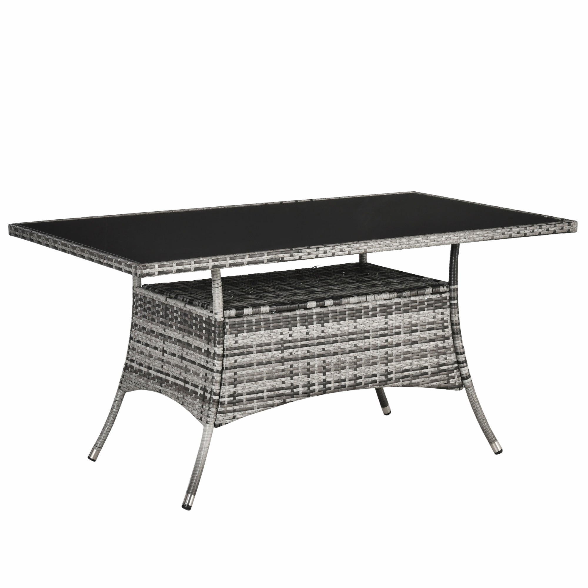 Garden Dining Table, Patio Rattan Dining Table with Glass Top, Storage Shelf for Yard, 59