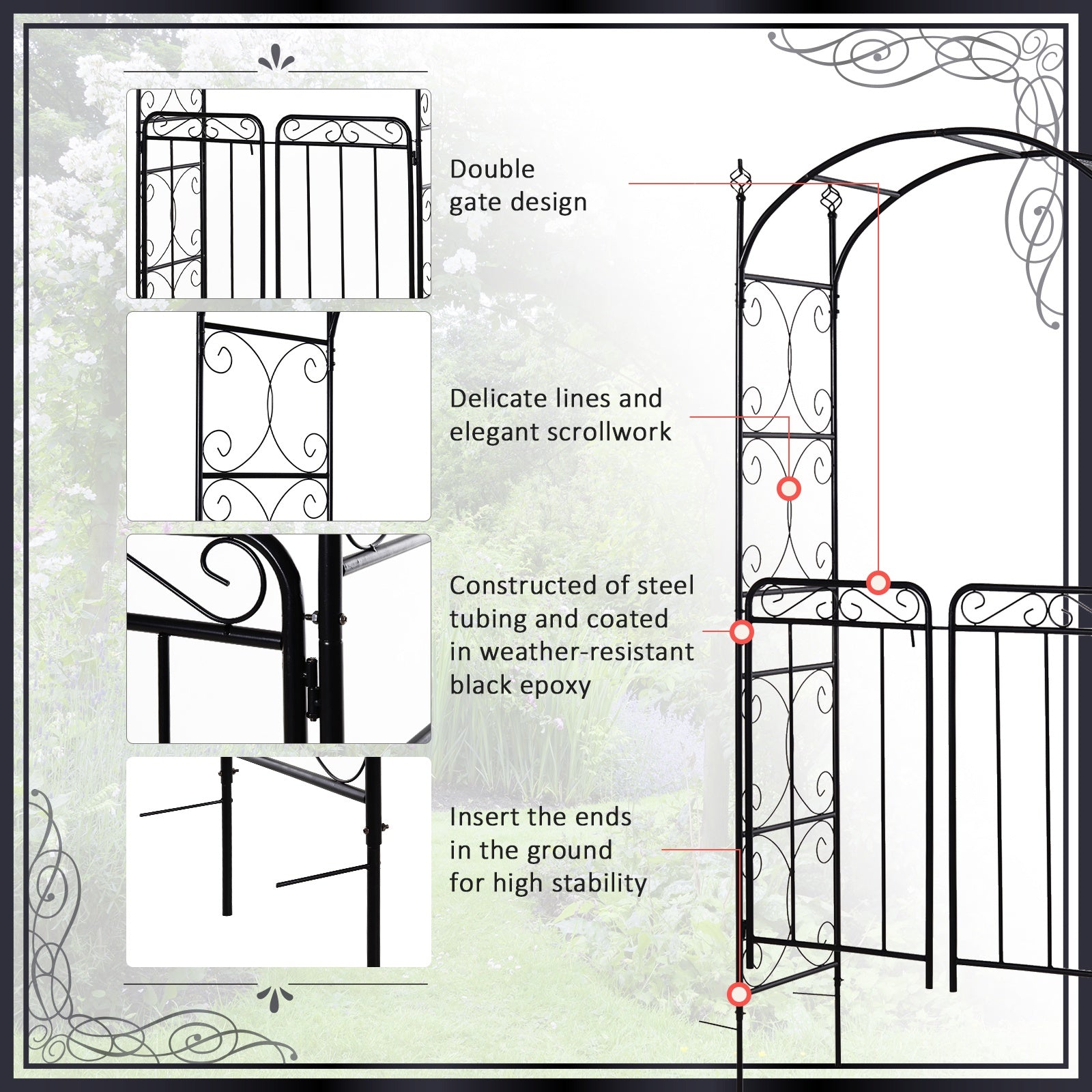 7' Metal Garden Arbor Arch with Scrollwork Doors for Ceremony, Weddings, Party, Backyard, Lawn Garden Arches   at Gallery Canada