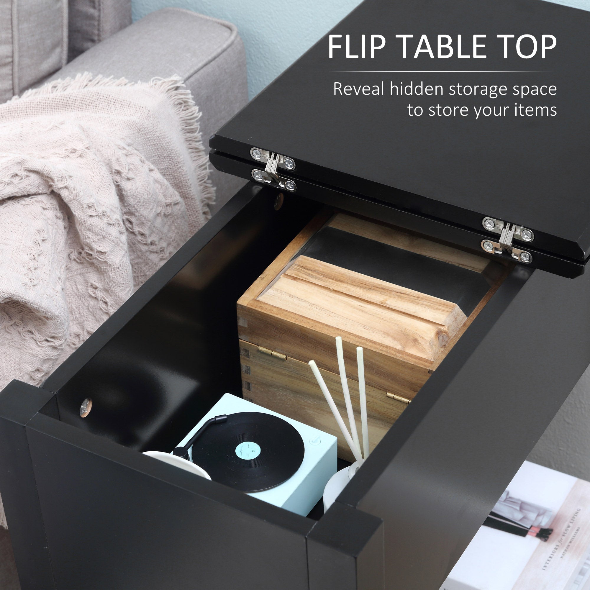 Flip Top End Table, Side Table with Storage Shelf and Cable Management, Narrow Nightstand for Living Room, Bedroom, Black Side Tables   at Gallery Canada