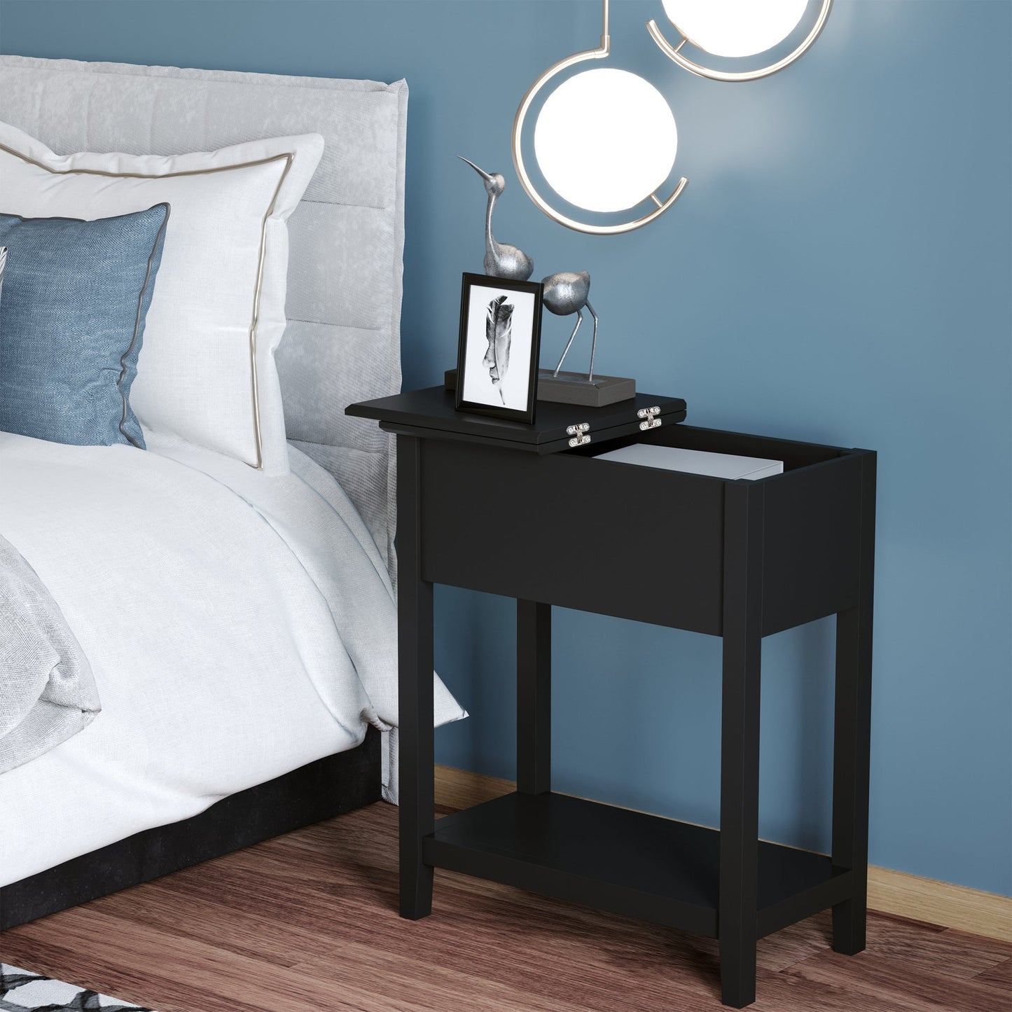 Flip Top End Table, Side Table with Storage Shelf and Cable Management, Narrow Nightstand for Living Room, Bedroom, Black Side Tables   at Gallery Canada