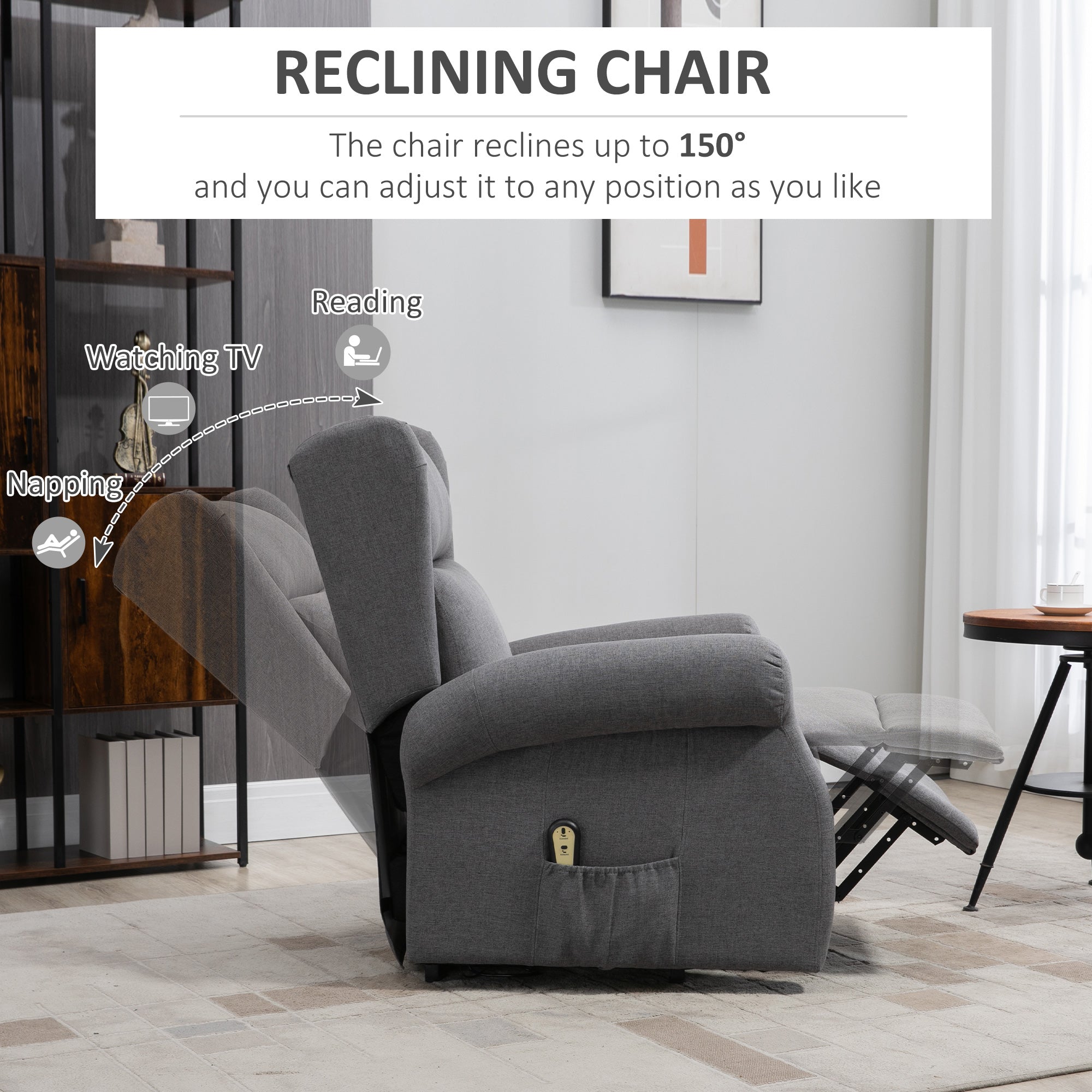 Wingback Lift Chair for Elderly, Power Chair Recliner with Footrest, Remote Control, Side Pockets, Grey Electric Power Lift Chairs   at Gallery Canada