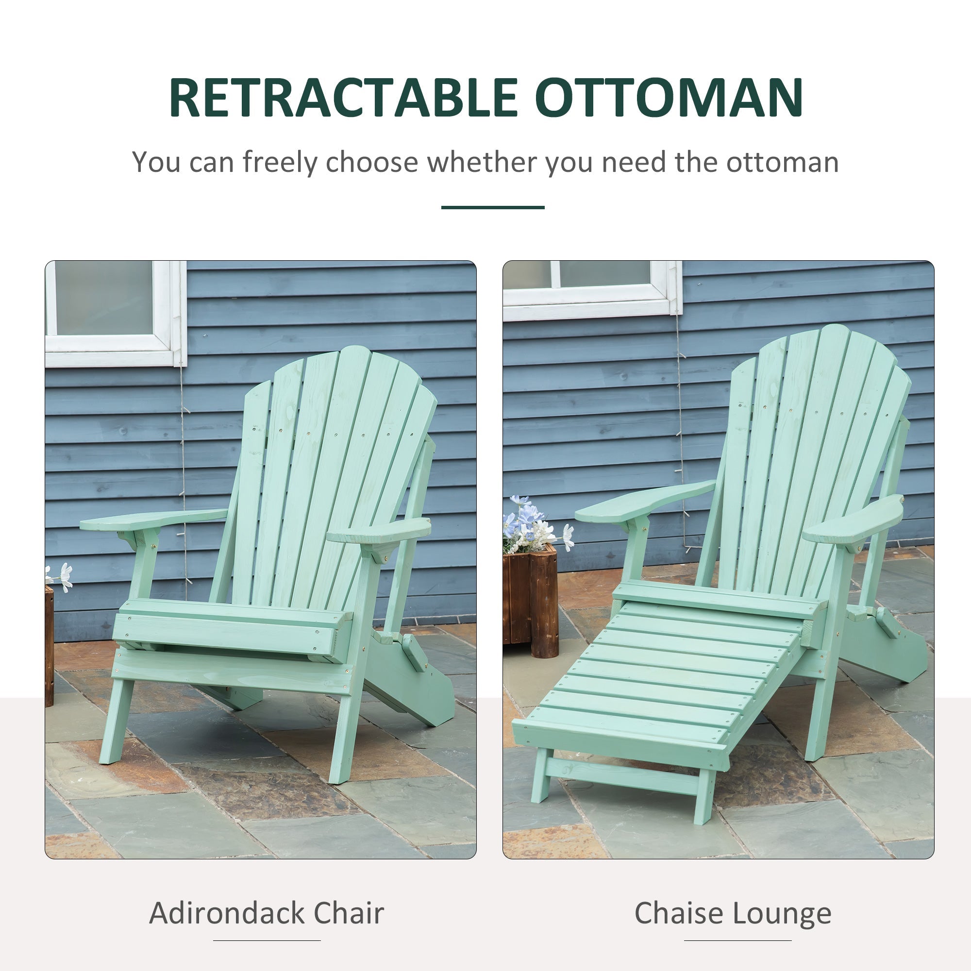 Foldable Adirondack Chair with Ottoman, Outdoor Wooden Lounger for Patio, Porch, Poolside, Garden, Green Patio Chairs   at Gallery Canada