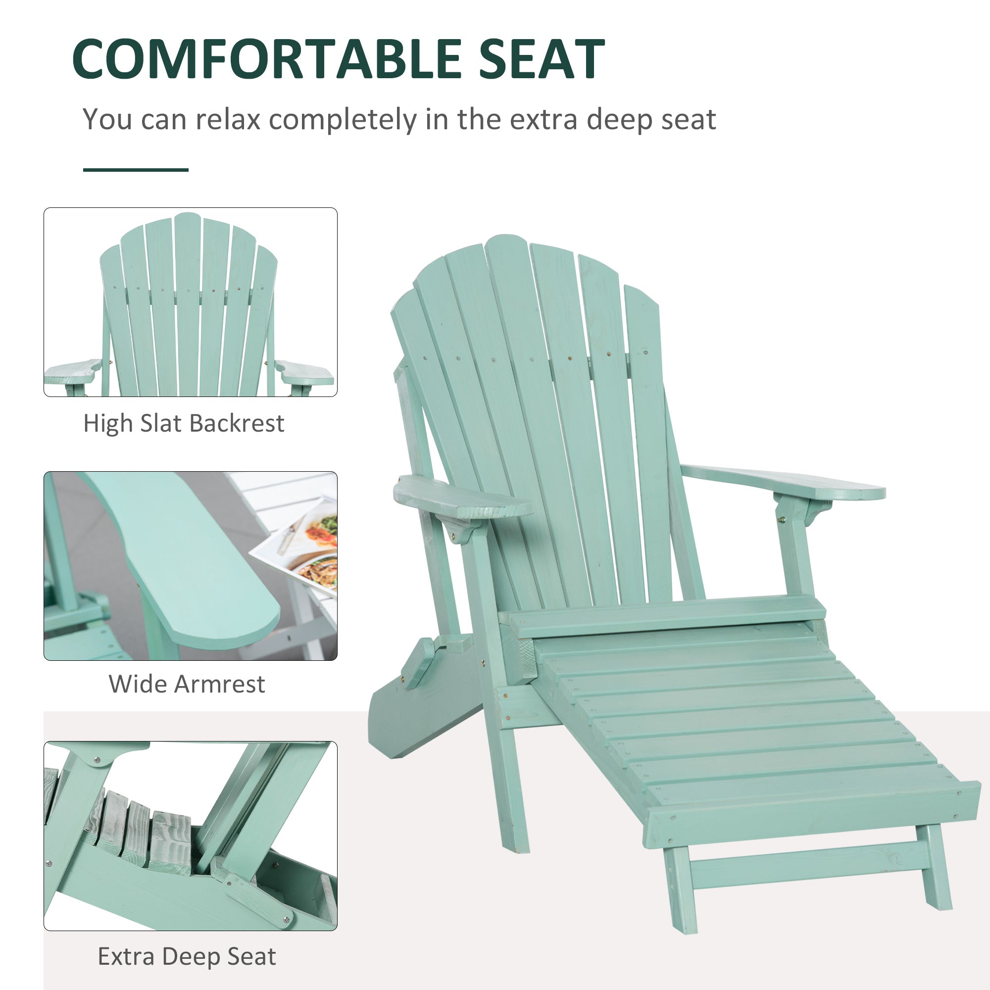 Foldable Adirondack Chair with Ottoman, Outdoor Wooden Lounger for Patio, Porch, Poolside, Garden, Green Patio Chairs   at Gallery Canada