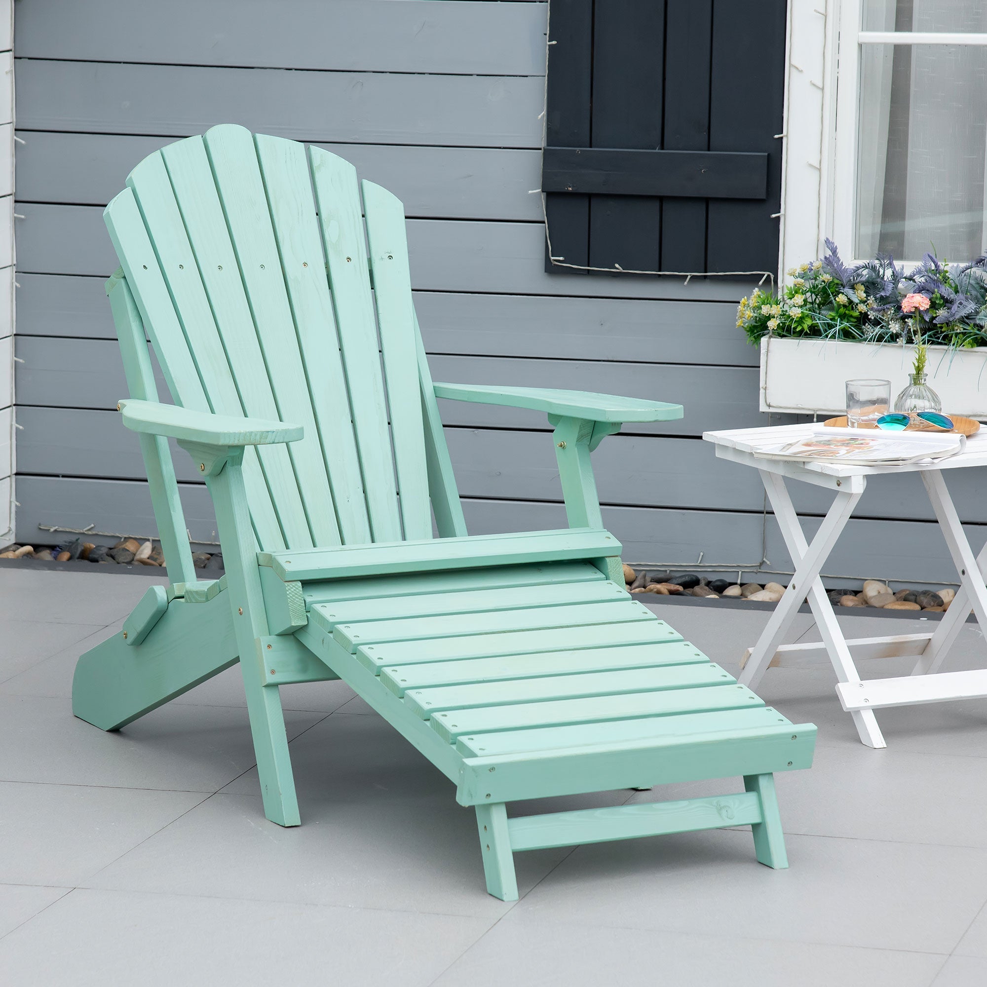 Foldable Adirondack Chair with Ottoman, Outdoor Wooden Lounger for Patio, Porch, Poolside, Garden, Green Patio Chairs   at Gallery Canada