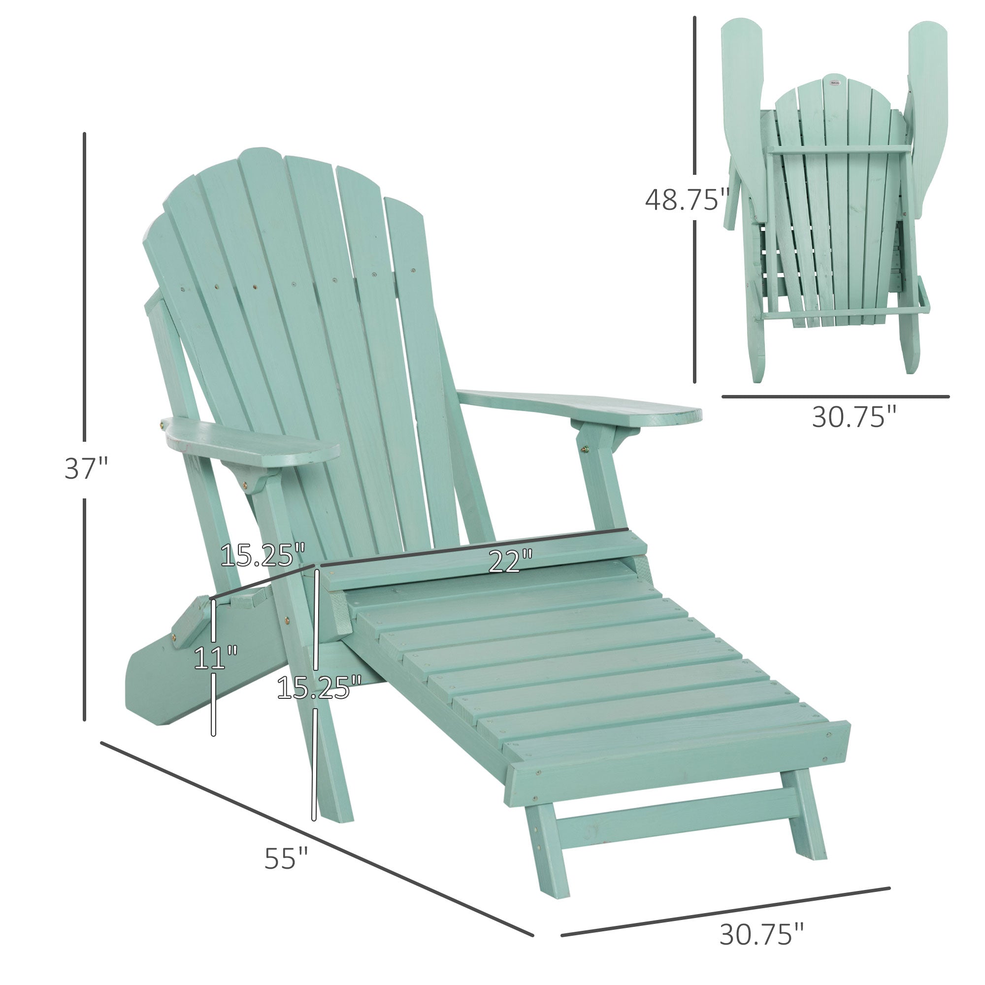 Foldable Adirondack Chair with Ottoman, Outdoor Wooden Lounger for Patio, Porch, Poolside, Garden, Green Patio Chairs   at Gallery Canada