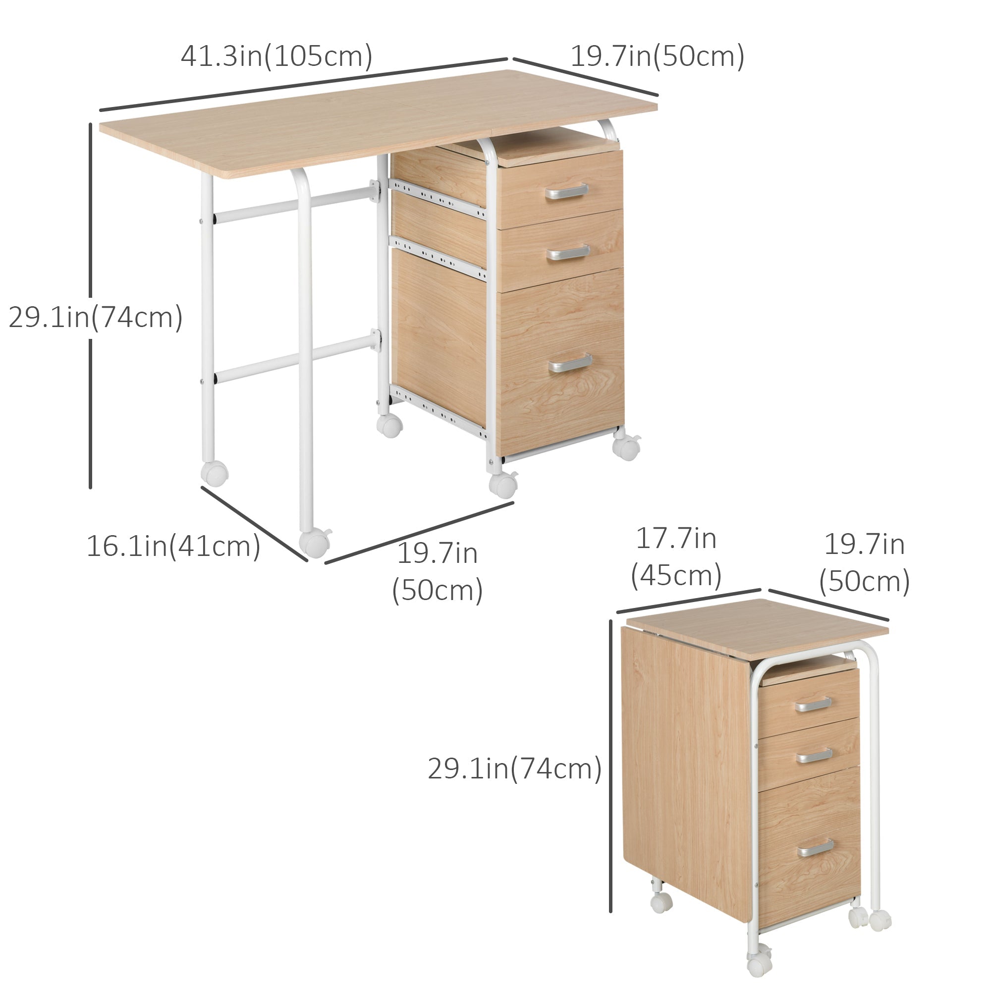 Foldable Computer Desk with Drawers, Executive Student Table with Storage Shelf, 6 Wheels for Bedroom Home Office Workstation, Natural Writing Desks   at Gallery Canada