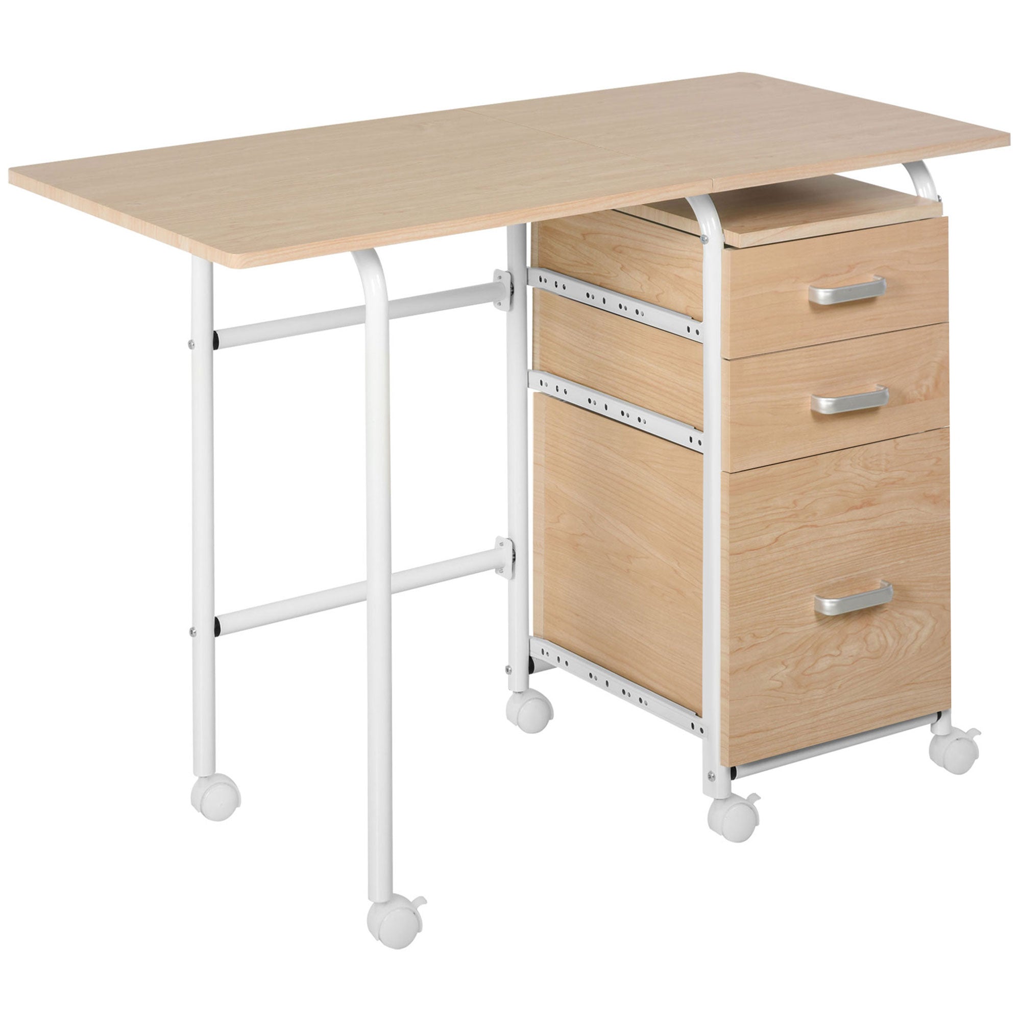 Foldable Computer Desk with Drawers, Executive Student Table with Storage Shelf, 6 Wheels for Bedroom Home Office Workstation, Natural Writing Desks Natural  at Gallery Canada