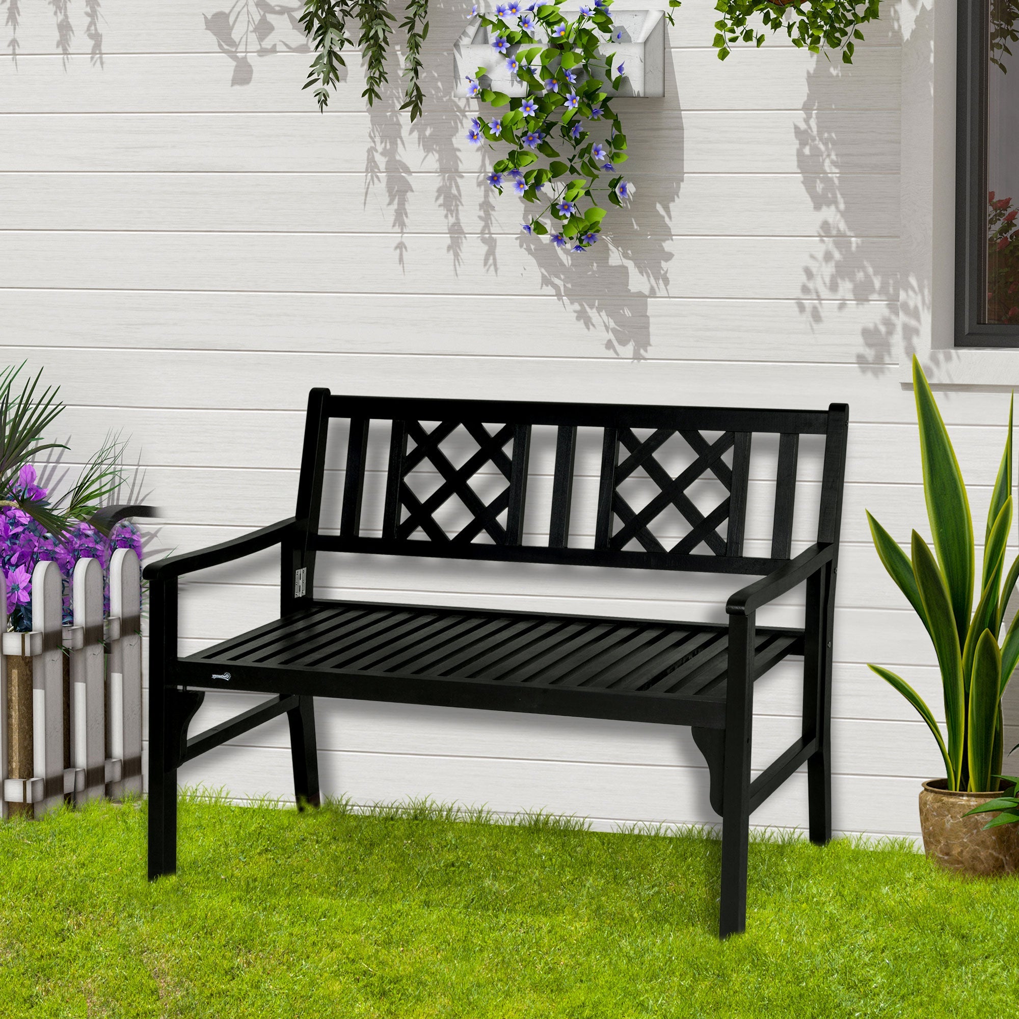 Foldable Garden Bench, 2-Seater Patio Wooden Bench, Loveseat Chair with Backrest and Armrest for Patio, Porch or Balcony, Black Outdoor Benches   at Gallery Canada