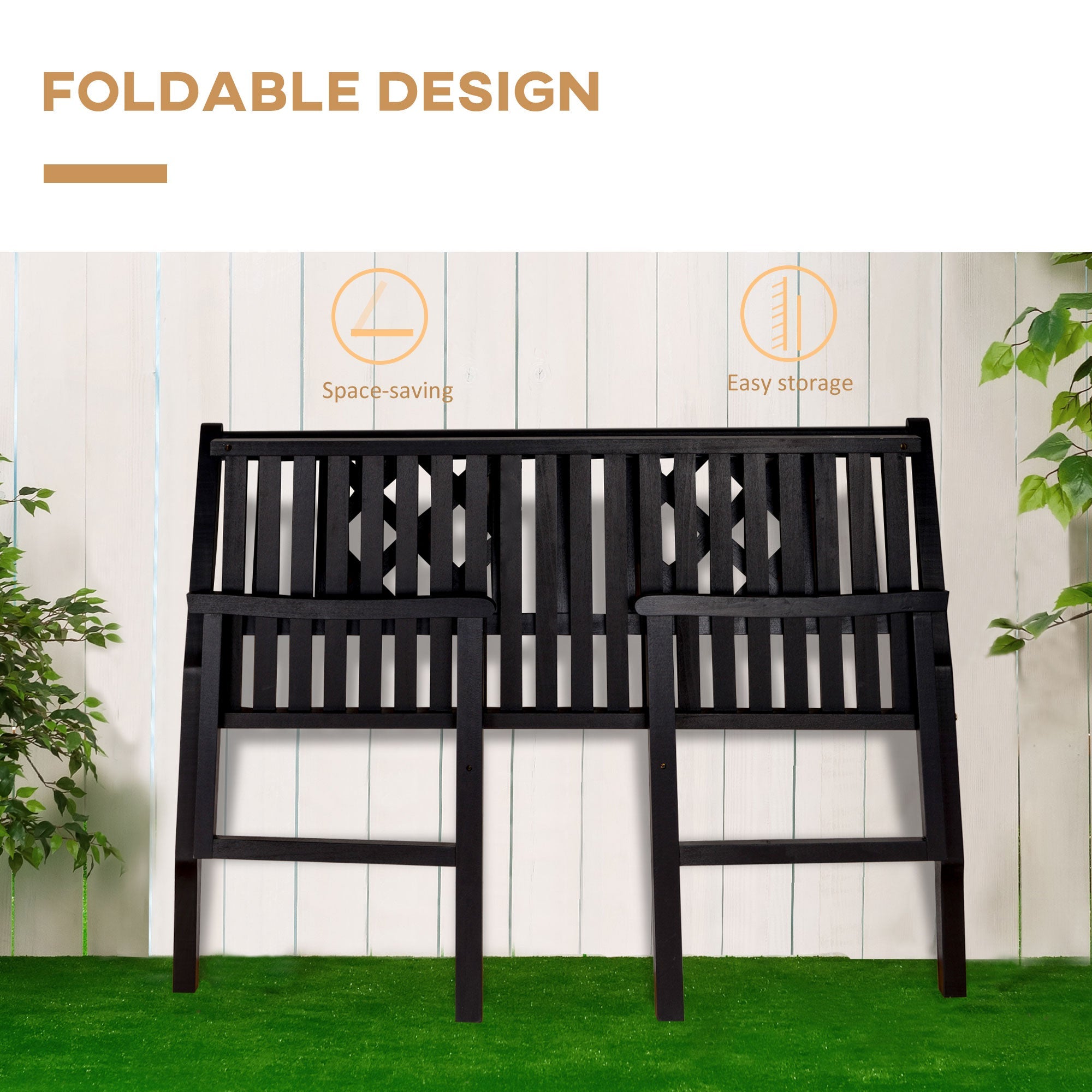 Foldable Garden Bench, 2-Seater Patio Wooden Bench, Loveseat Chair with Backrest and Armrest for Patio, Porch or Balcony, Black Outdoor Benches   at Gallery Canada