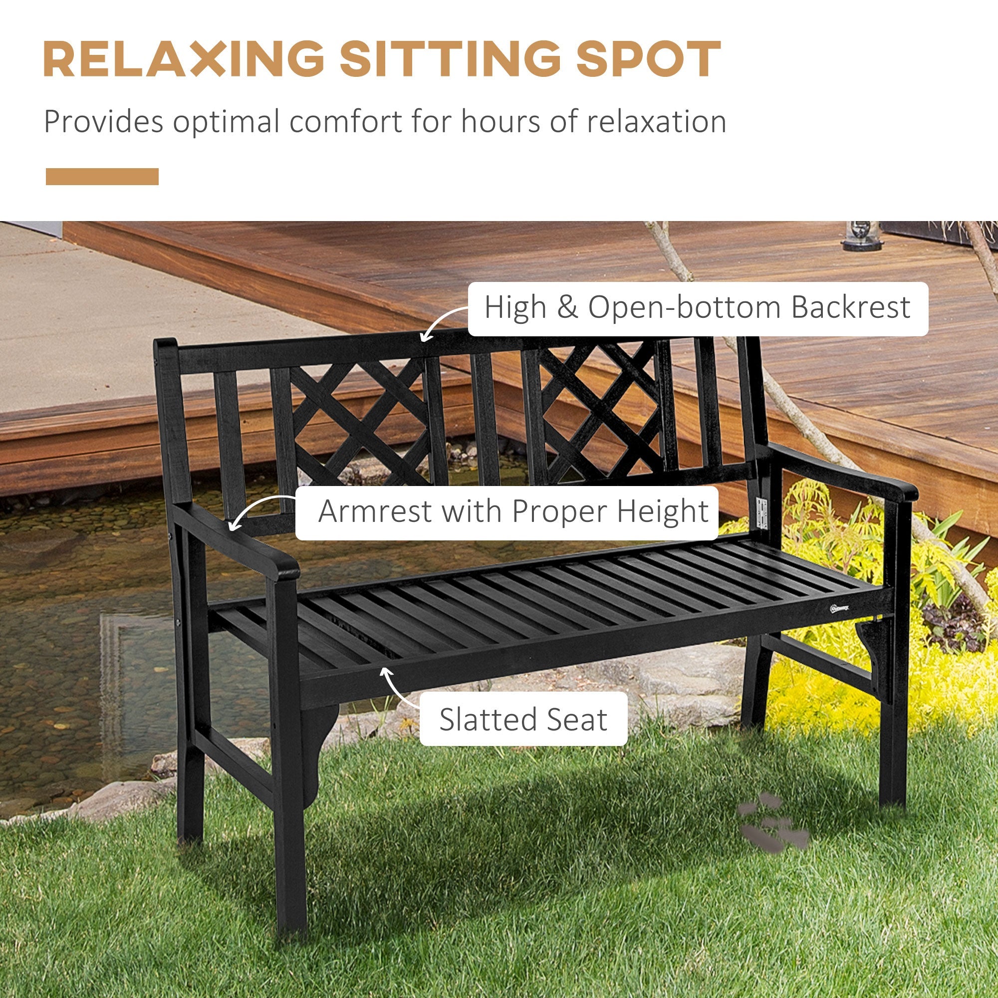 Foldable Garden Bench, 2-Seater Patio Wooden Bench, Loveseat Chair with Backrest and Armrest for Patio, Porch or Balcony, Black Outdoor Benches   at Gallery Canada