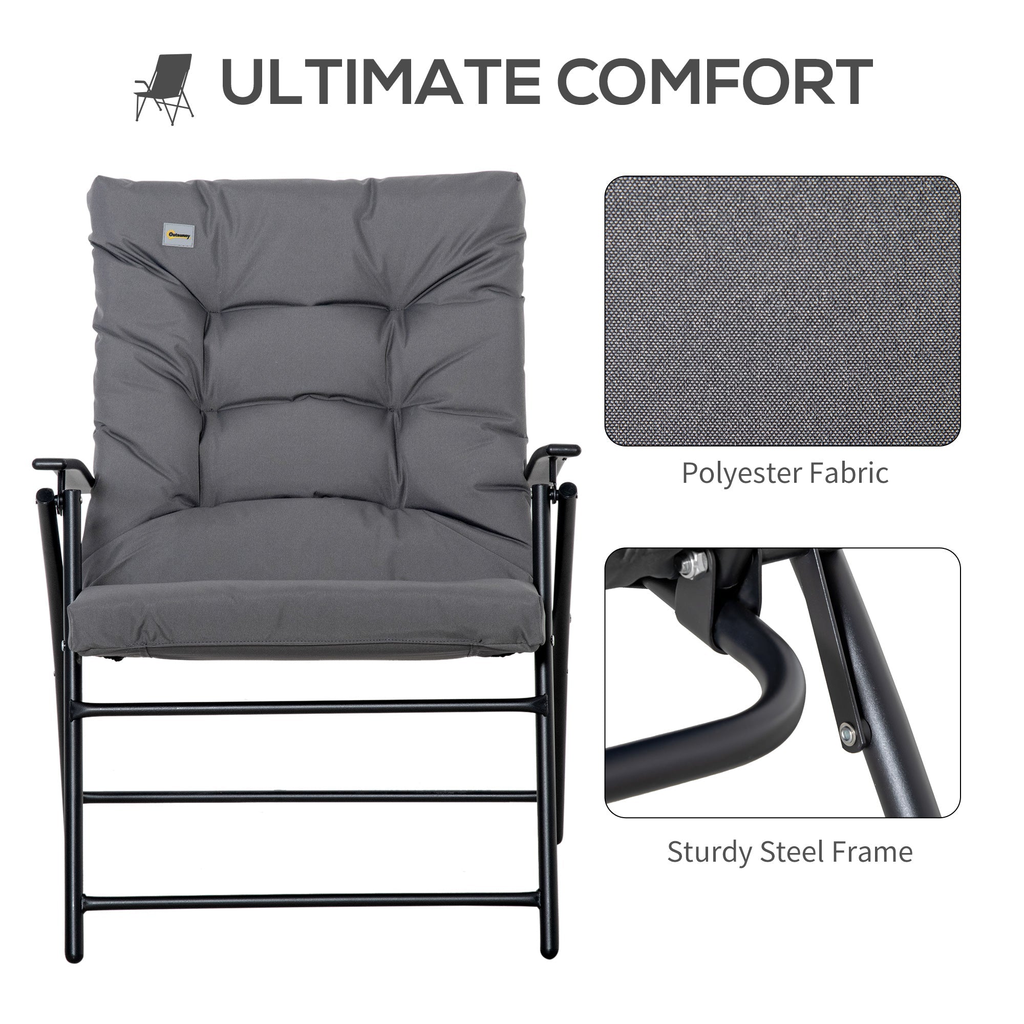 Foldable Lounge Chair, Fabric Upholstered Recliner, Outdoor Lounger with Armrest, Metal Frame Camping Beach Chair for Poolside, Deck, Backyard, Grey Patio Chairs   at Gallery Canada