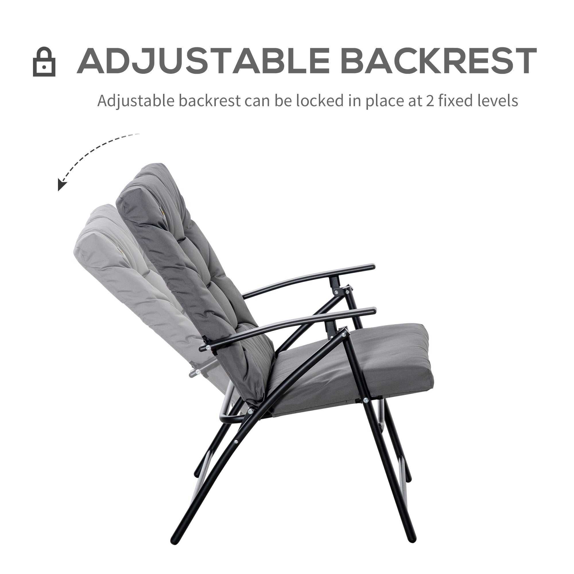 Foldable Lounge Chair, Fabric Upholstered Recliner, Outdoor Lounger with Armrest, Metal Frame Camping Beach Chair for Poolside, Deck, Backyard, Grey Patio Chairs   at Gallery Canada