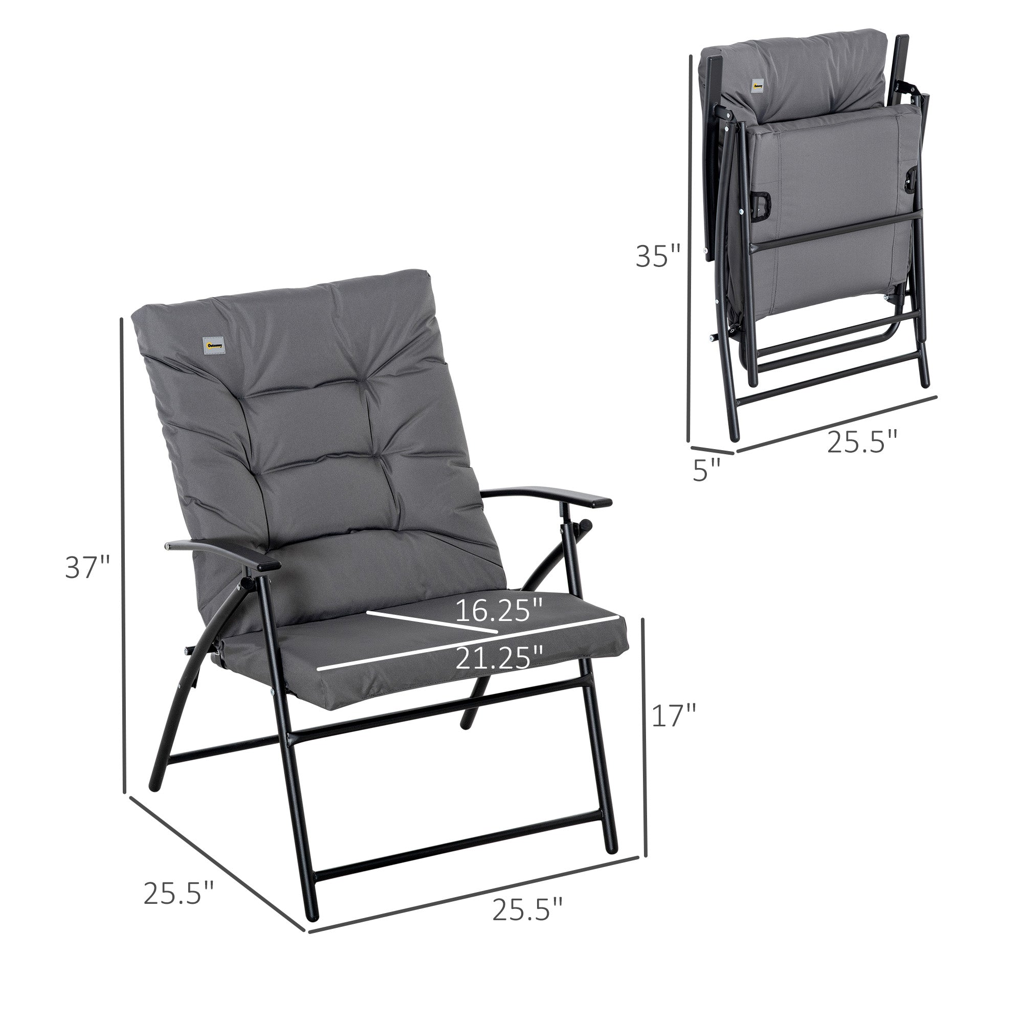 Foldable Lounge Chair, Fabric Upholstered Recliner, Outdoor Lounger with Armrest, Metal Frame Camping Beach Chair for Poolside, Deck, Backyard, Grey Patio Chairs   at Gallery Canada