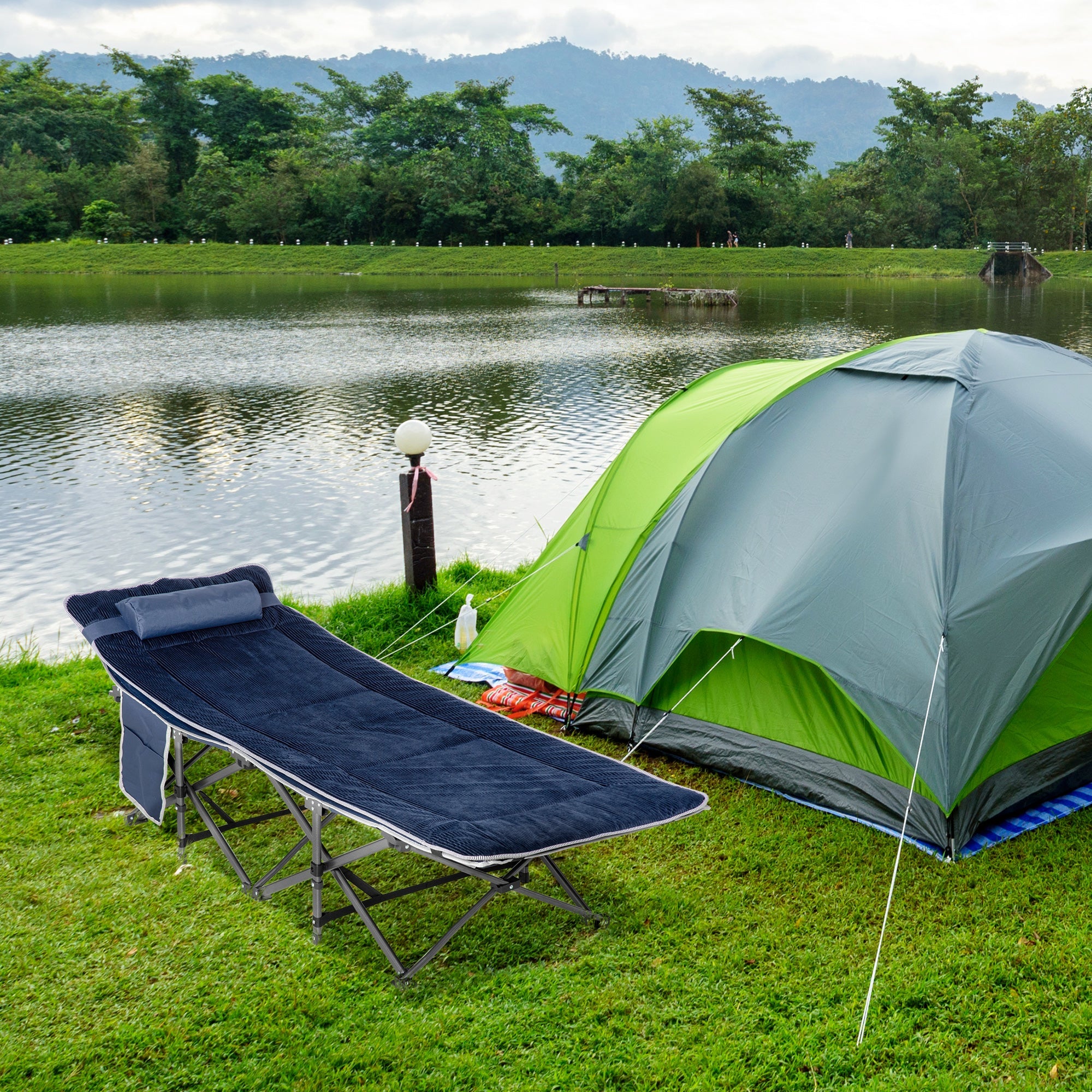 Folding Camping Cot with Mattress &; Pillow, Double Layer Oxford Heavy Duty Sleeping Cot with Carry Bag Blue Camping Cots   at Gallery Canada