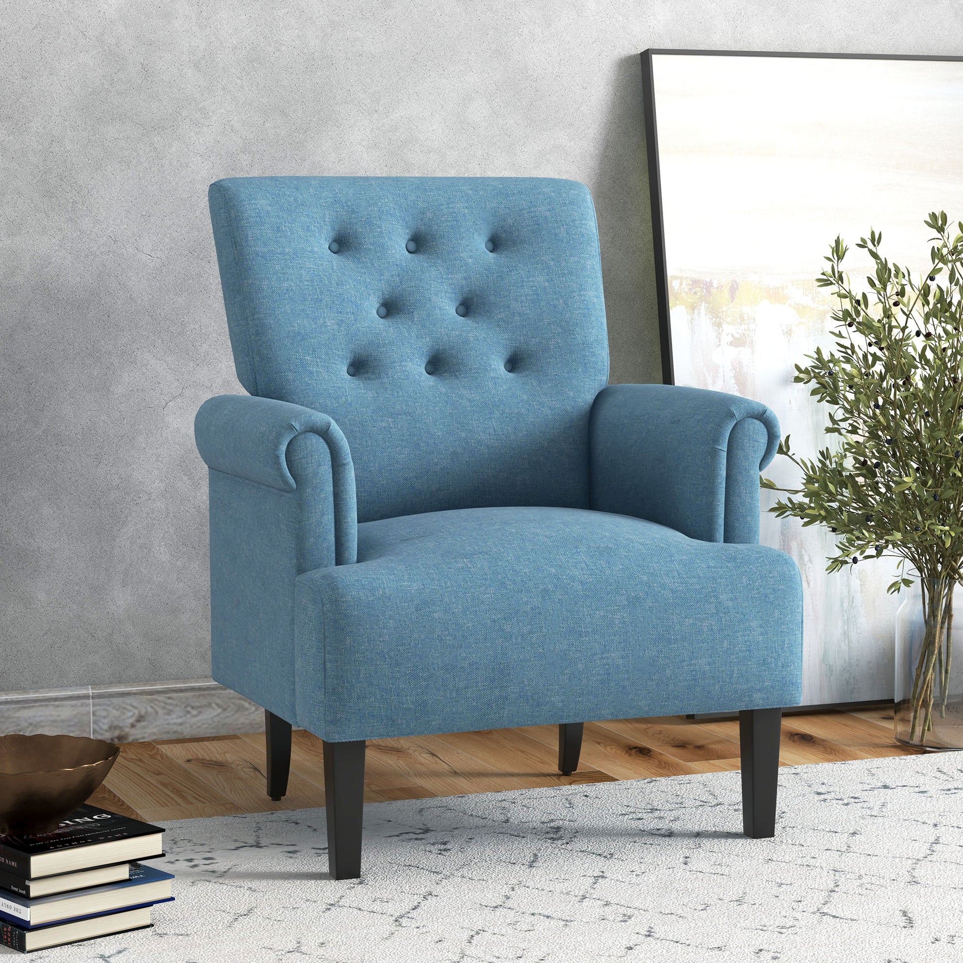 Armchair, Fabric Accent Chair, Modern Living Room Chair with Wood Legs and Rolled Arms for Bedroom, Blue Single Sofas   at Gallery Canada