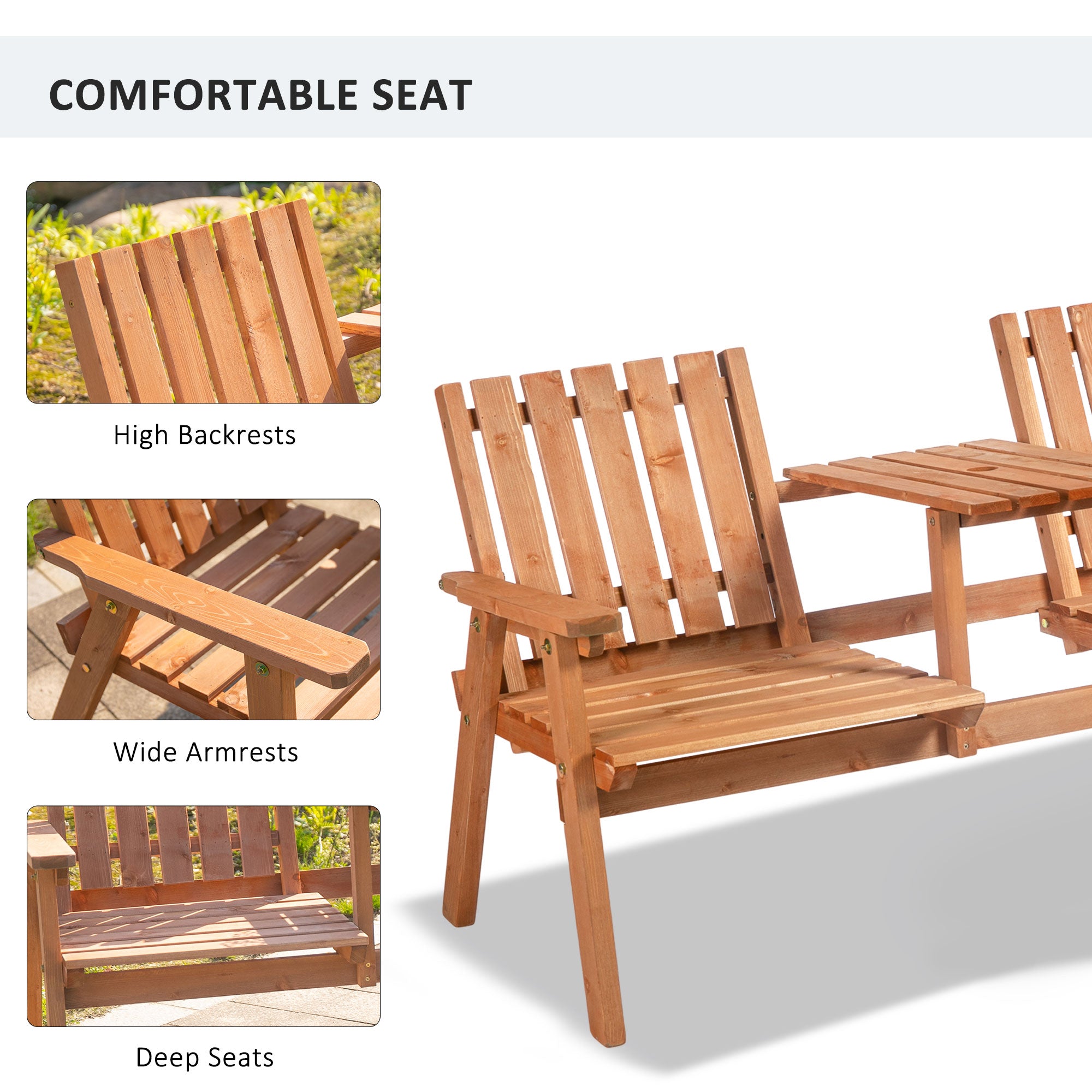 Garden Bench for 2 Persons with Middle Table and Umbrella Hole, 2-Seater Outdoor Wooden Bench with Slat Design, Orange Outdoor Benches   at Gallery Canada