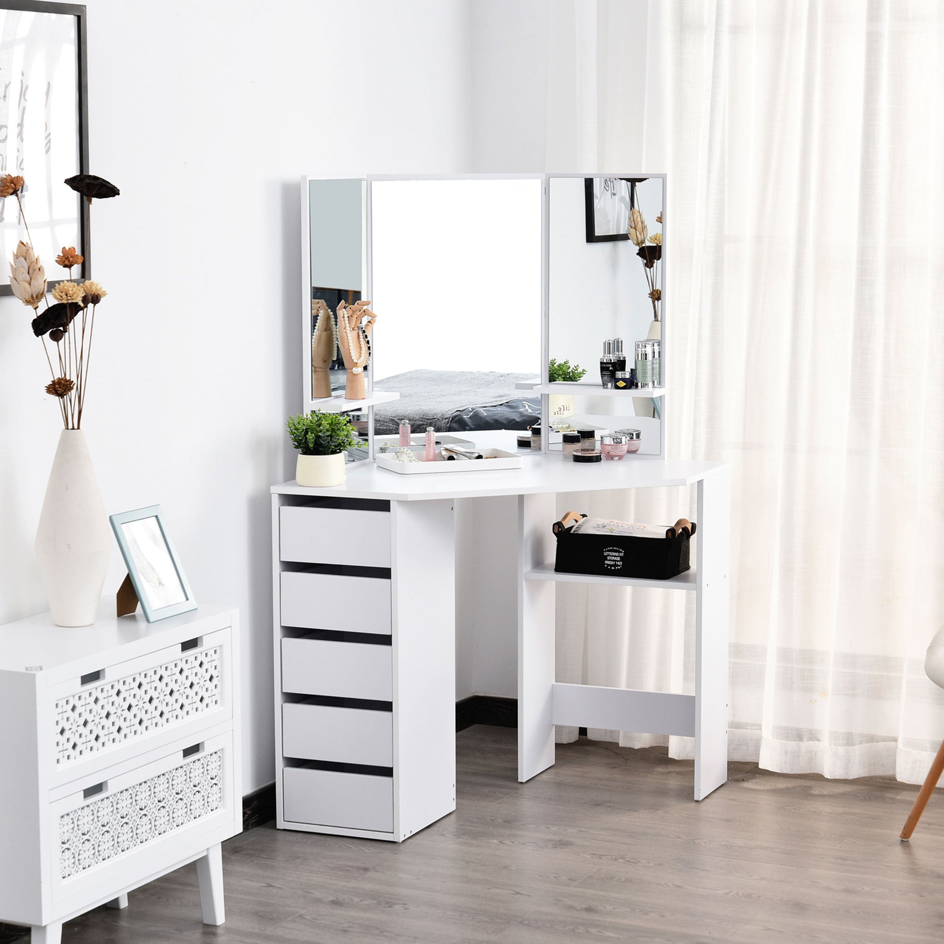 Corner Dressing Table, Makeup Desk with Tri-Fold Mirror and 5 Drawers, White Dressing & Vanity Tables   at Gallery Canada