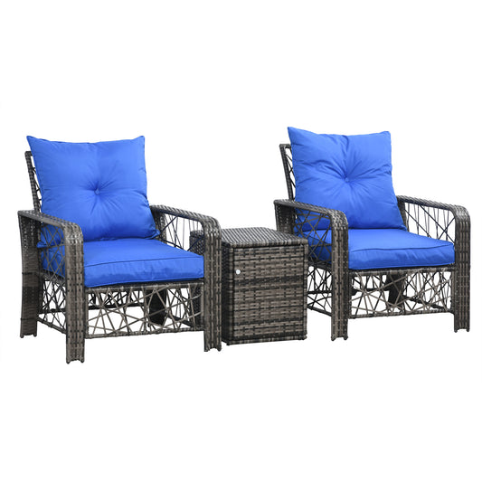 Deluxe 3-Piece Rattan Patio Furniture Set with Cushions & Storage, Blue Bistro Sets Multi Colour  at Gallery Canada