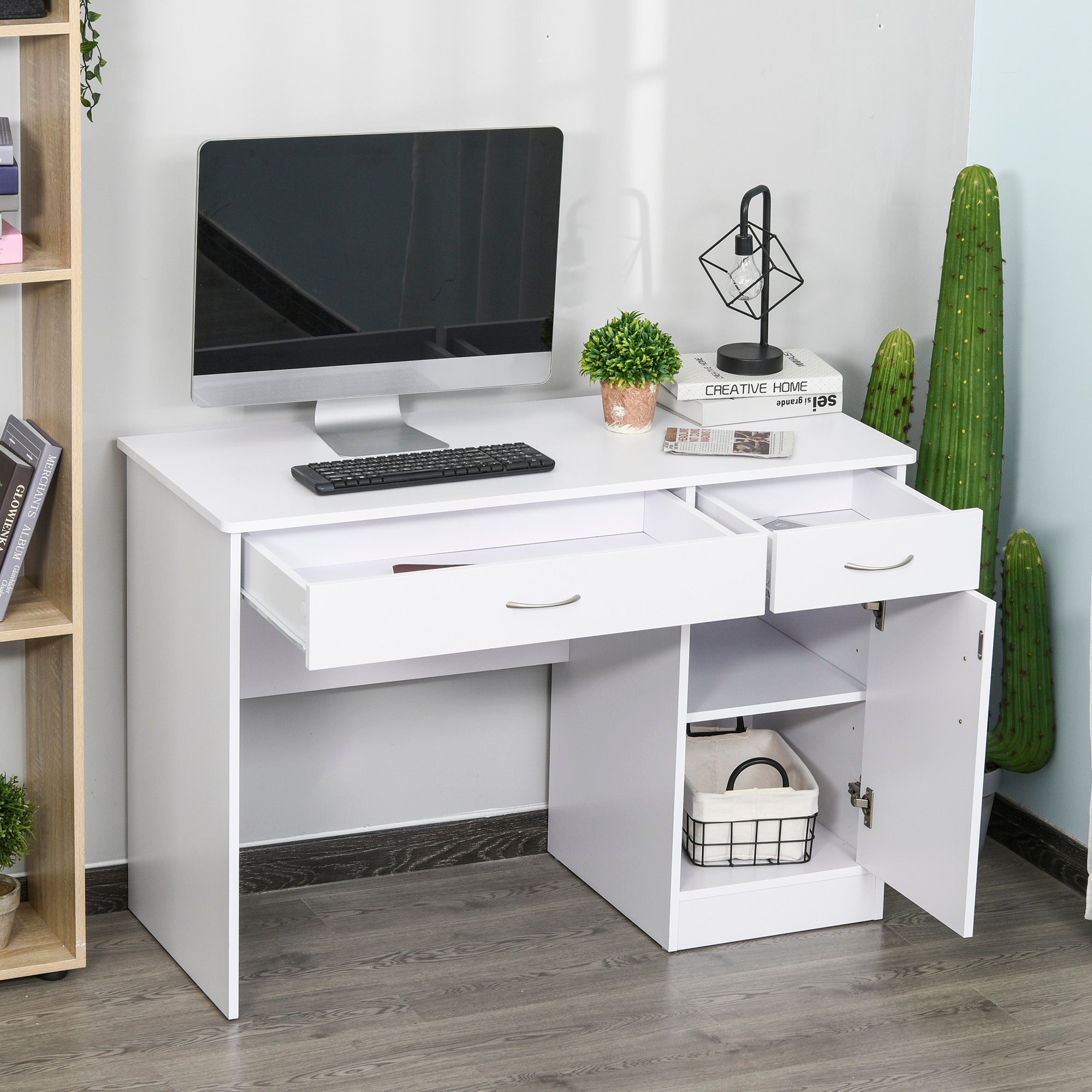 Computer Desk with Storage Drawers, Study Writing Table with Cabinet Adjustable Shelf for Home Office Workstation Bedroom, White Writing Desks   at Gallery Canada