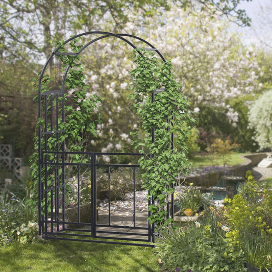 6.7 FT Steel Garden Arch with Gate Outdoor Courtyard Arbor for Climbing Vine Plants Lawn Backyard Decoration Dark Grey - Gallery Canada