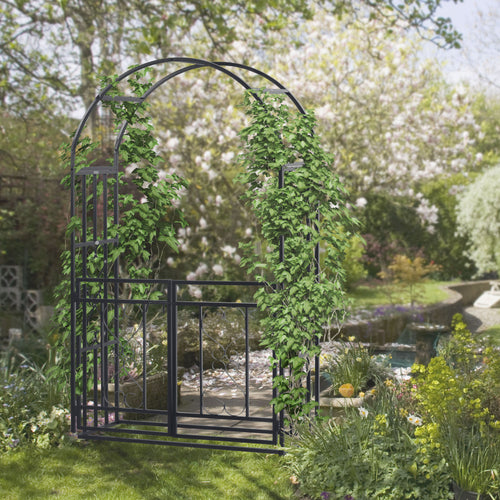 6.7 FT Steel Garden Arch with Gate Outdoor Courtyard Arbor for Climbing Vine Plants Lawn Backyard Decoration Dark Grey