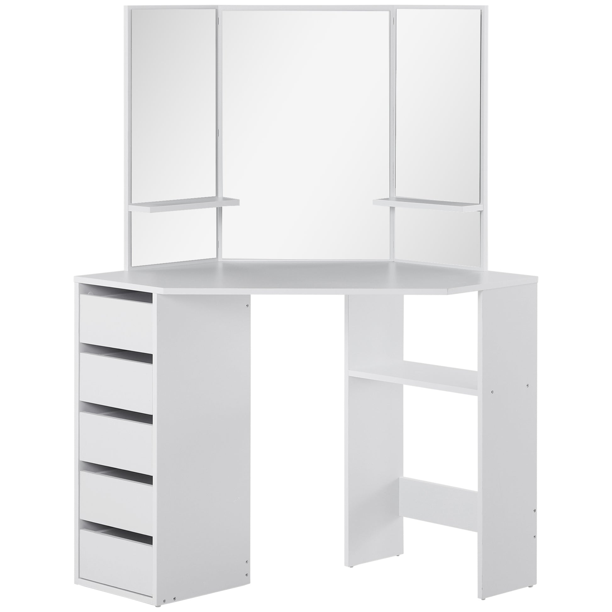 Corner Dressing Table, Makeup Desk with Tri-Fold Mirror and 5 Drawers, White Dressing & Vanity Tables White  at Gallery Canada