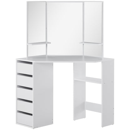 Corner Dressing Table, Makeup Desk with Tri-Fold Mirror and 5 Drawers, White Dressing & Vanity Tables White  at Gallery Canada