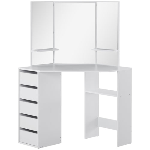 Corner Dressing Table, Makeup Desk with Tri-Fold Mirror and 5 Drawers, White