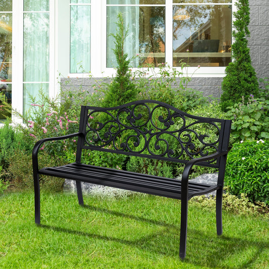 Garden Bench Outdoor Loveseat with Vintage Floral Pattern Cast Metal, 50" x 23.6" x 35", Black - Gallery Canada