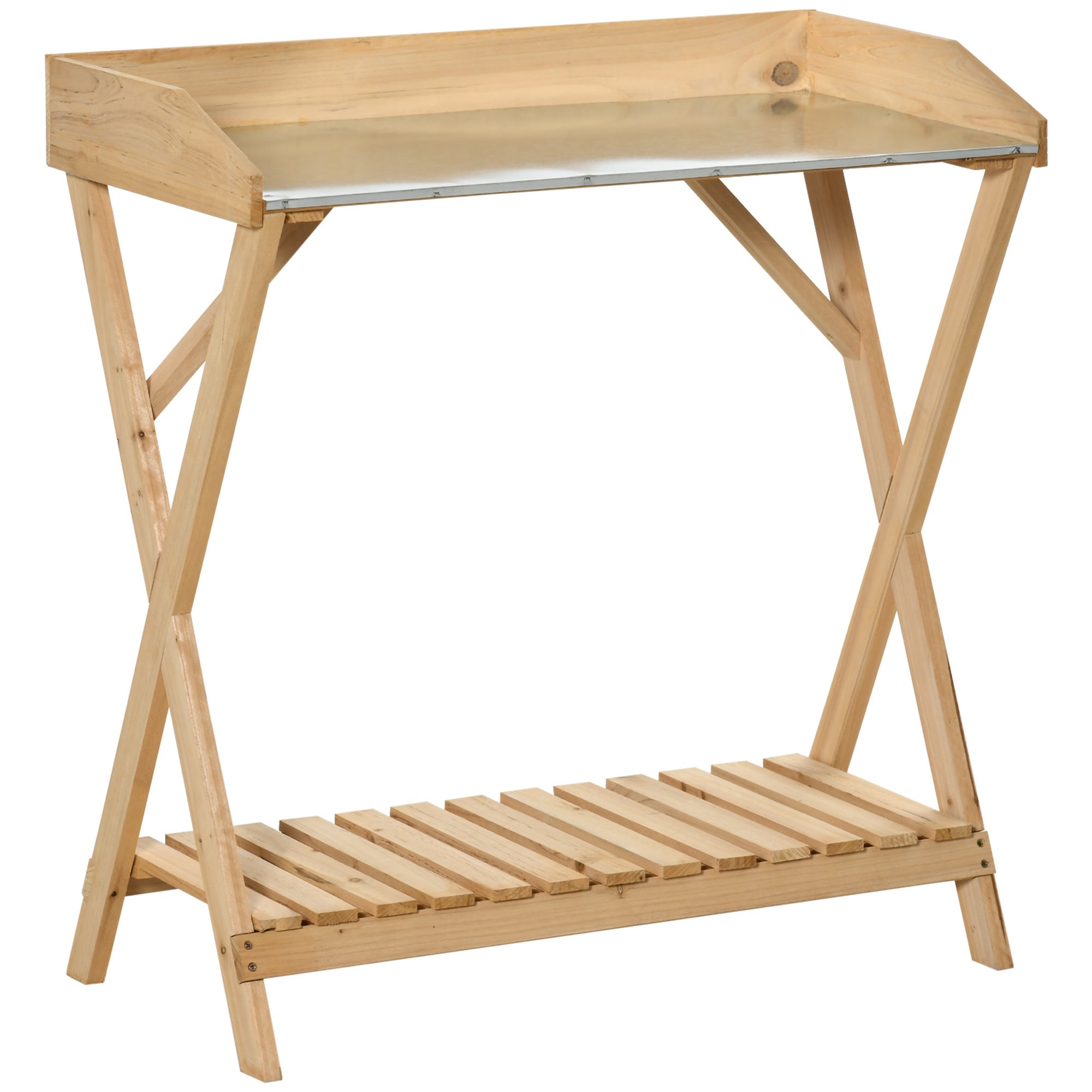 Garden Potting Bench Table, Wooden Work Station, Outdoor Planting Workbench w/ Galvanized Metal Tabletop and Storage Shelf Potting Benches & Tables Light Brown  at Gallery Canada