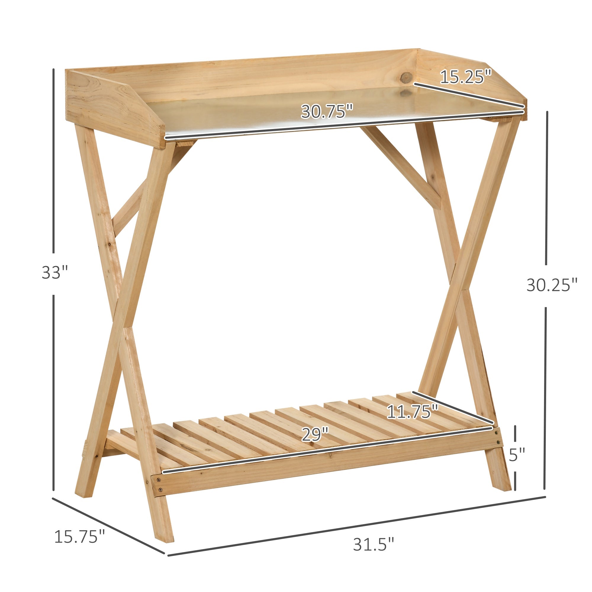 Garden Potting Bench Table, Wooden Work Station, Outdoor Planting Workbench w/ Galvanized Metal Tabletop and Storage Shelf Potting Benches & Tables   at Gallery Canada