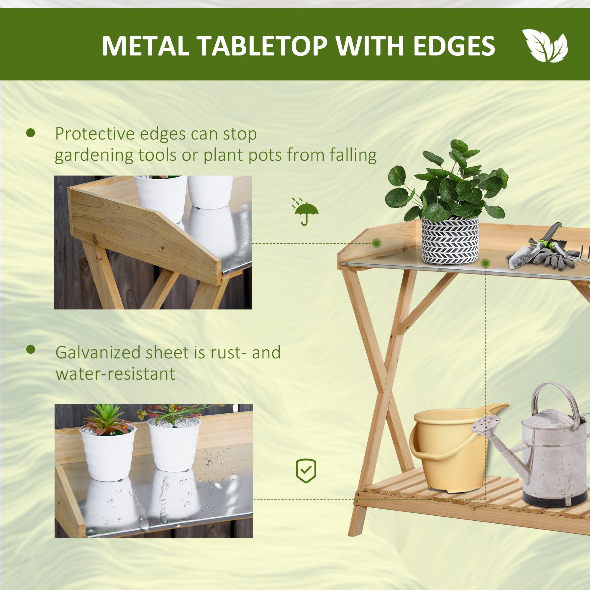 Garden Potting Bench Table, Wooden Work Station, Outdoor Planting Workbench w/ Galvanized Metal Tabletop and Storage Shelf Potting Benches & Tables   at Gallery Canada