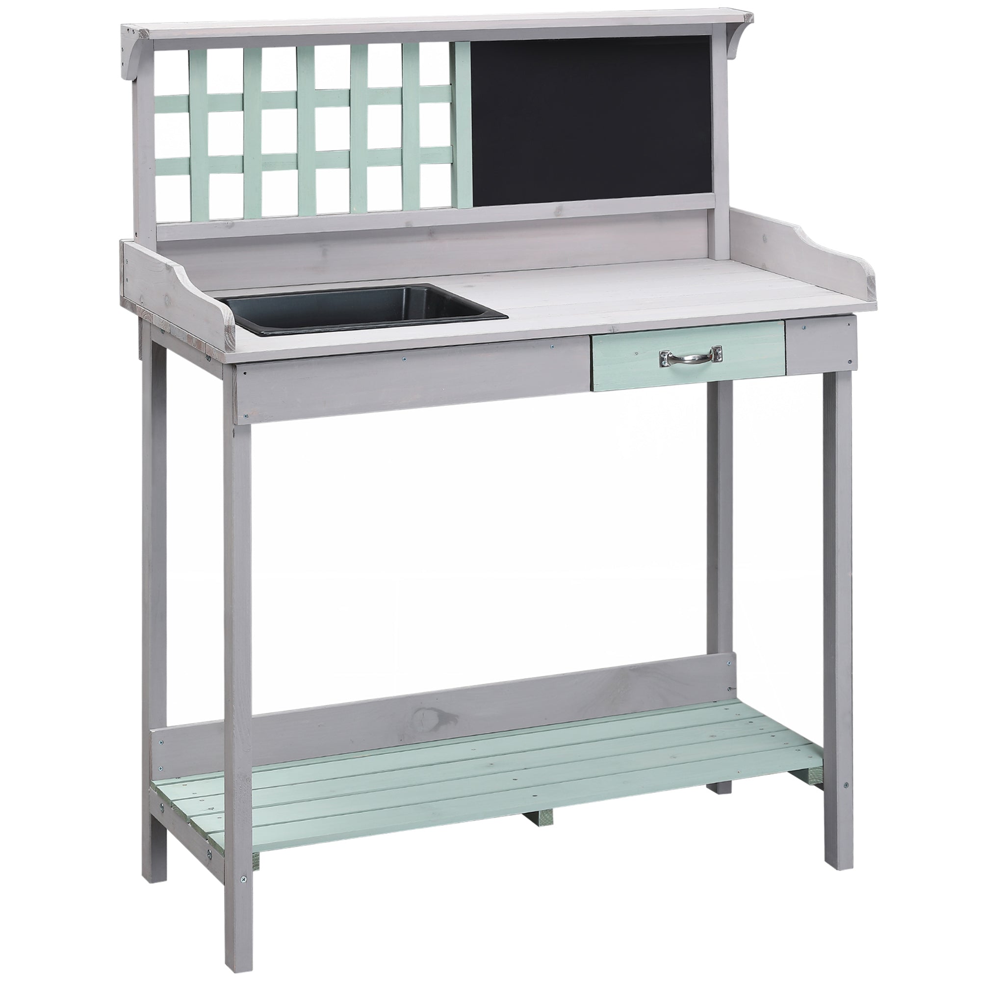 Garden Wooden Potting Table Outdoor Planting Workstation Bench w/ Storage Shelf Garage Tool Table Grey Potting Benches & Tables Dark Grey and Light Blue  at Gallery Canada