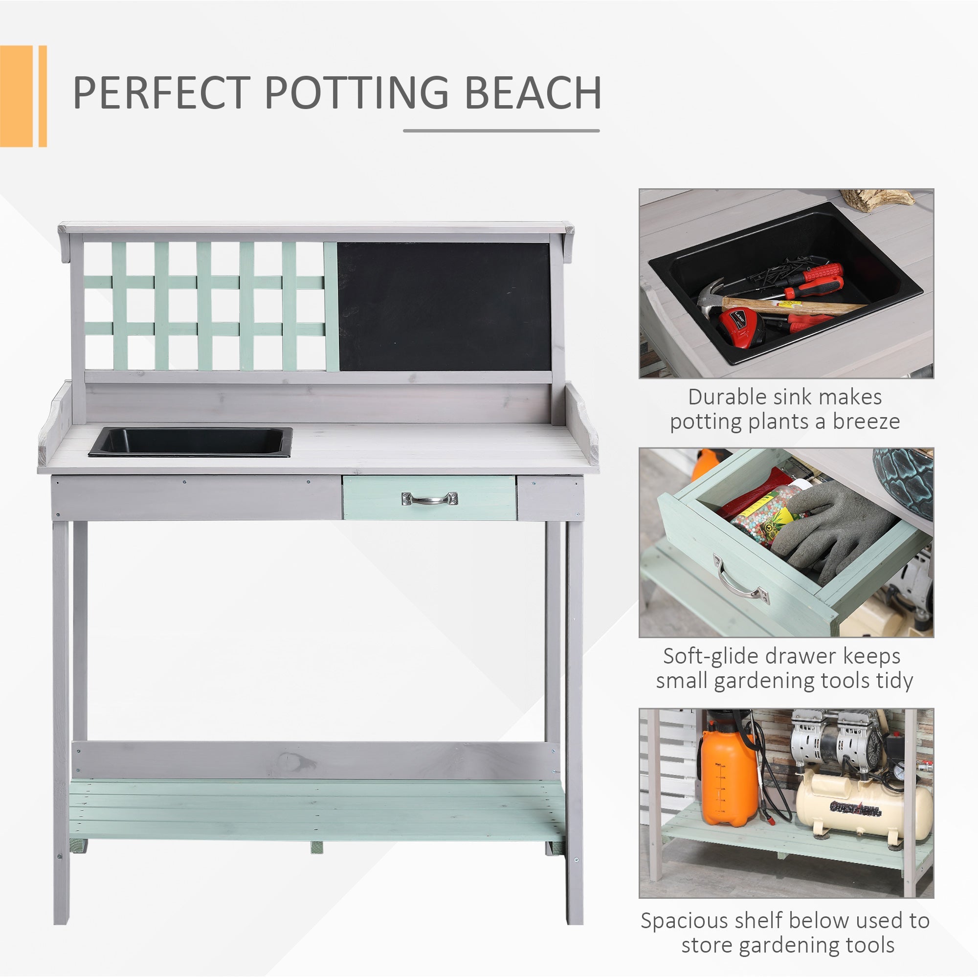 Garden Wooden Potting Table Outdoor Planting Workstation Bench w/ Storage Shelf Garage Tool Table Grey Potting Benches & Tables   at Gallery Canada