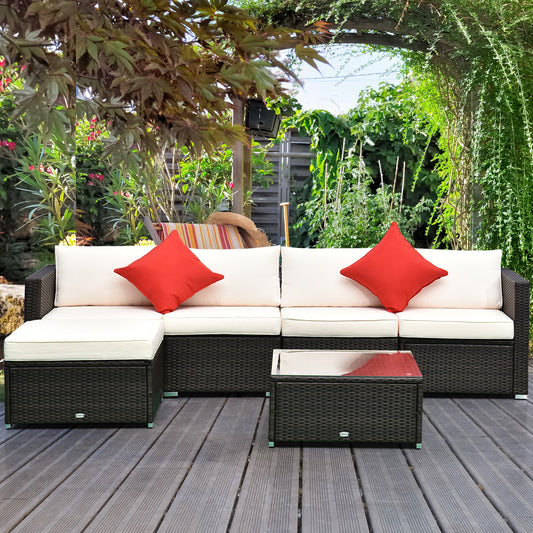 6 Pieces Outdoor PE Rattan Wicker Patio Furniture Sofa Set with Thick Cushions, Deluxe Garden Sectional Couch with Glass Top Table, Dark Coffee and Cream White - Gallery Canada