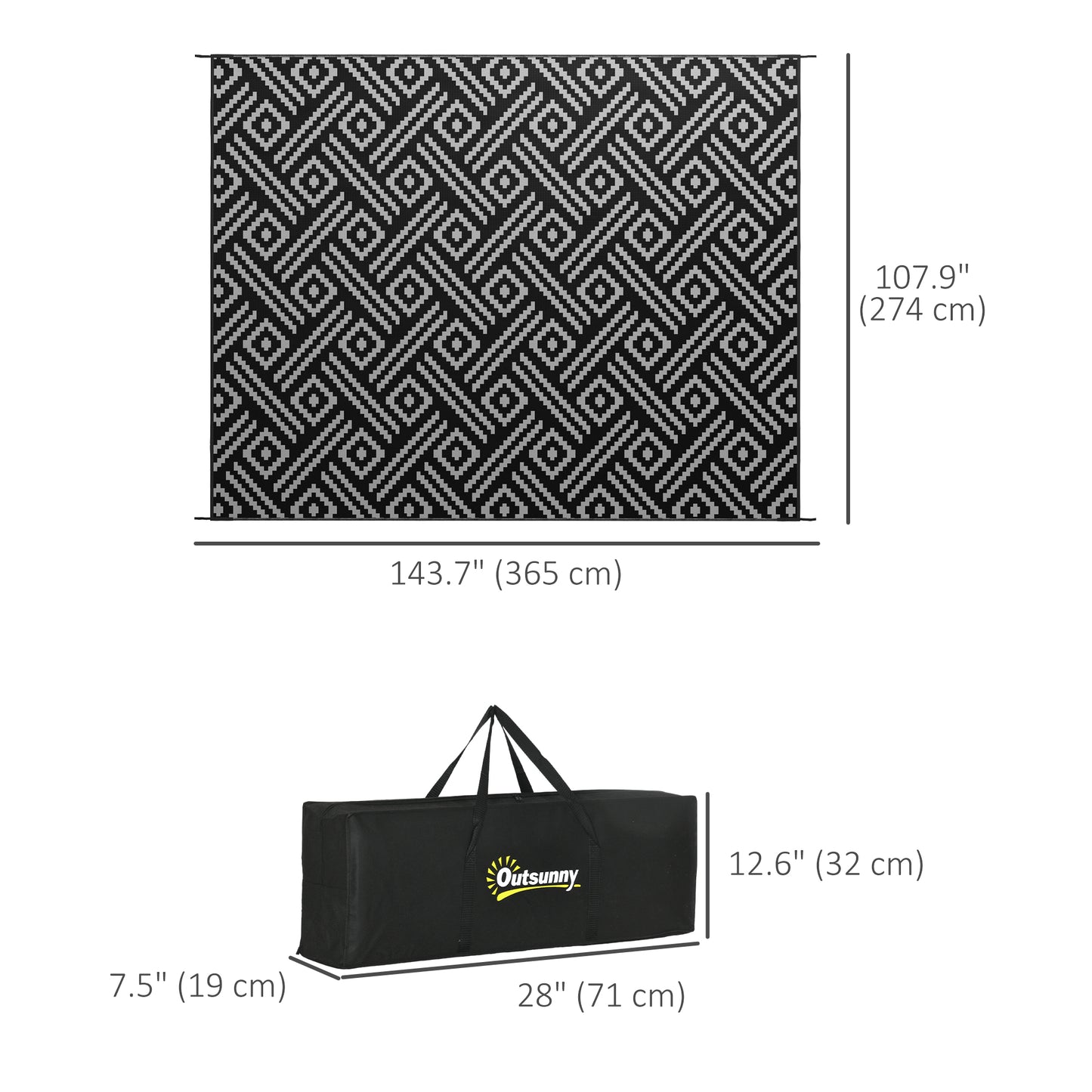 Reversible Outdoor Rug Waterproof Plastic Straw RV Rug with Carry Bag, 9' x 12', Black and Grey Geometric Outdoor Reversible Rugs   at Gallery Canada