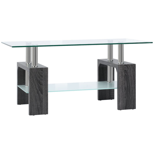 Rectangle Glass Coffee Table, 2-Tier Center Table with Tempered Glass Top and Storage Shelf for Living Room, Grey - Gallery Canada