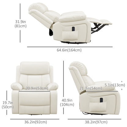 PU Leather Reclining Chair with Vibration Massage Recliner, Swivel Base, Rocking Function, Remote Control, Cream White - Gallery Canada