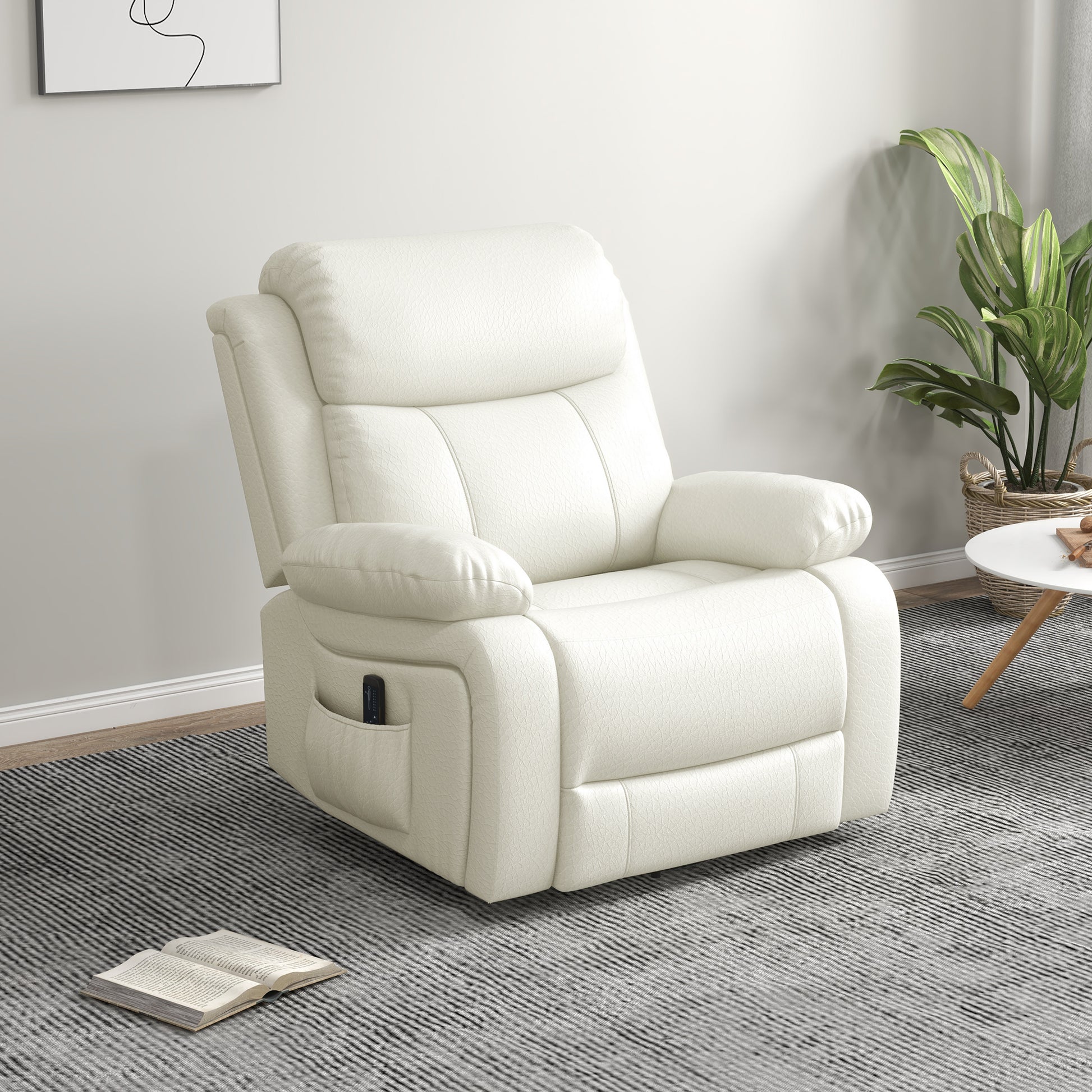 PU Leather Reclining Chair with Vibration Massage Recliner, Swivel Base, Rocking Function, Remote Control, Cream White - Gallery Canada