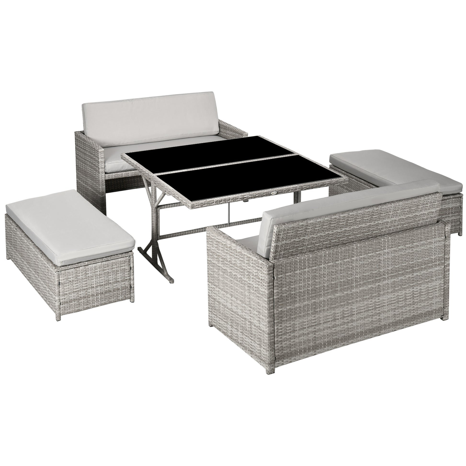 6-Seater Wicker Patio Dining Set with Cushions, Glass Tabletop, Gray Outdoor Dining Sets Grey  at Gallery Canada