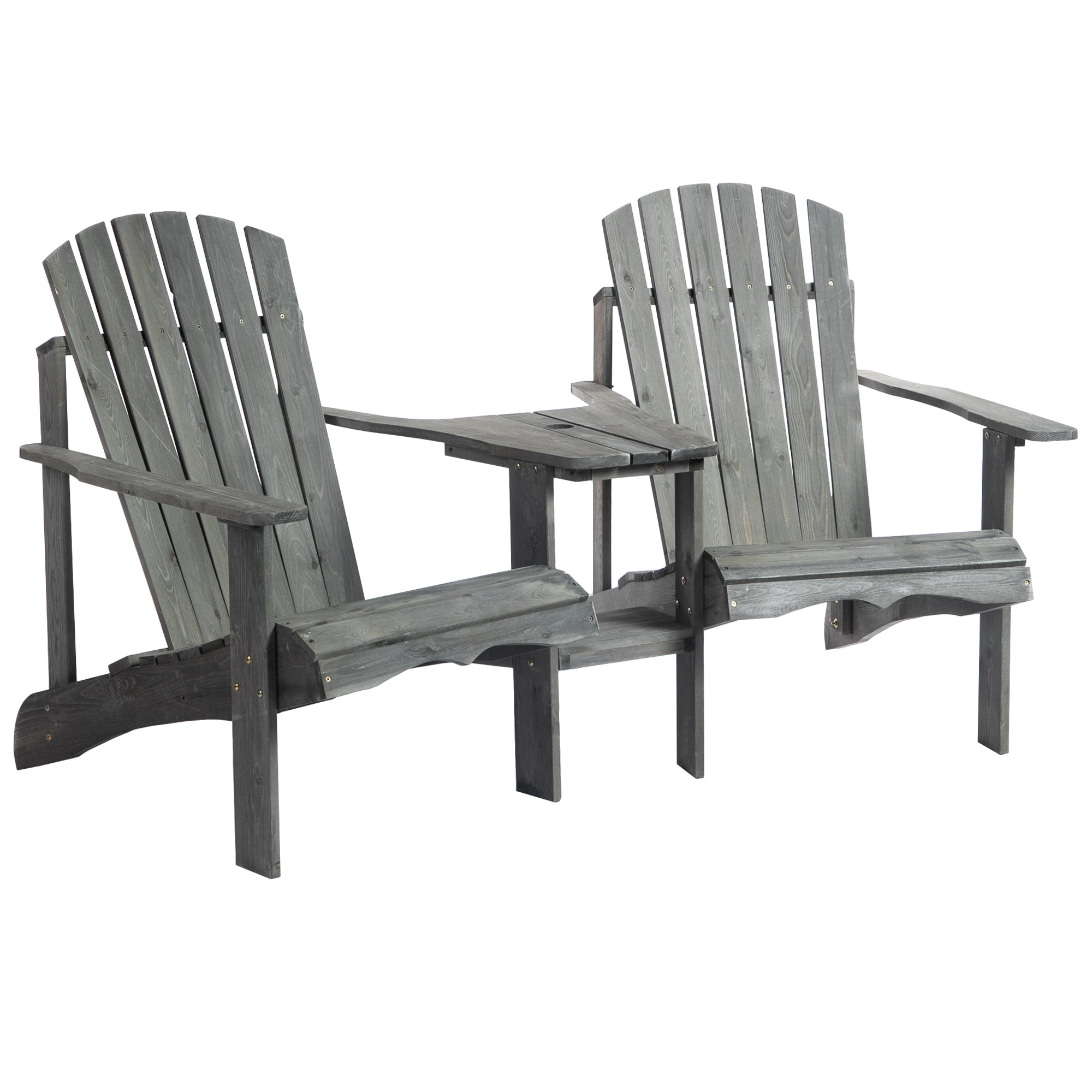 Double Wooden Adirondack Chair with Middle Table, Outdoor Patio Porch Tete-A-Tete Bench Two Seater w/ Umbrella Hole, Grey Patio Chairs Grey  at Gallery Canada