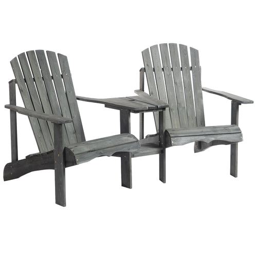 Double Wooden Adirondack Chair with Middle Table, Outdoor Patio Porch Tete-A-Tete Bench Two Seater w/ Umbrella Hole, Grey