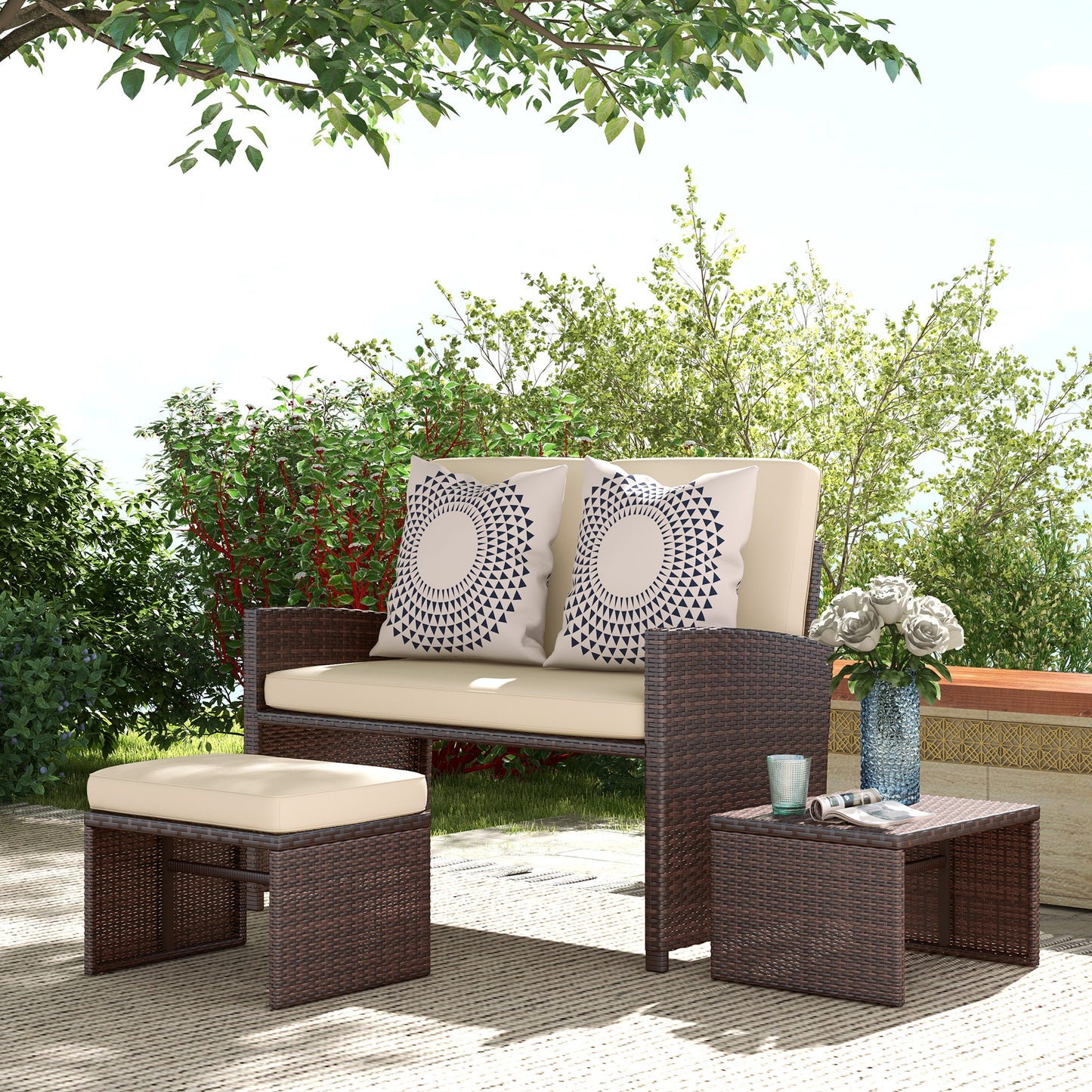 3-Piece PE Rattan Patio Furniture Set with Cushions and Footstools, Beige Patio Furniture Sets   at Gallery Canada