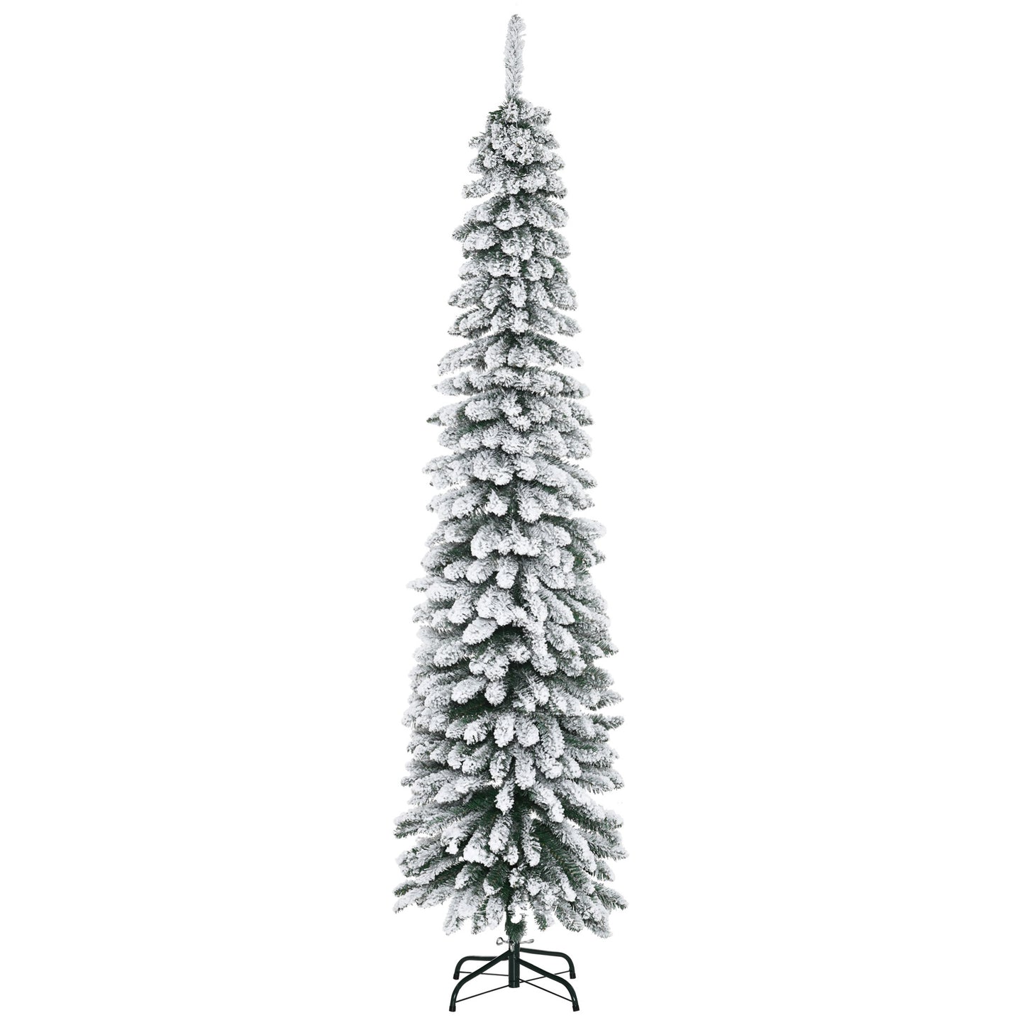 7ft Snow-Flocked Artificial Christmas Tree, Slim Pencil Xmas Tree with 490 Realistic Branches, Metal Base, Green Pencil Christmas Trees Green  at Gallery Canada