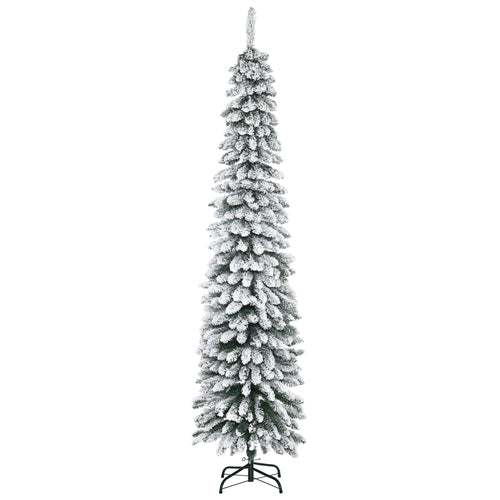 7ft Snow-Flocked Artificial Christmas Tree, Slim Pencil Xmas Tree with 490 Realistic Branches, Metal Base, Green