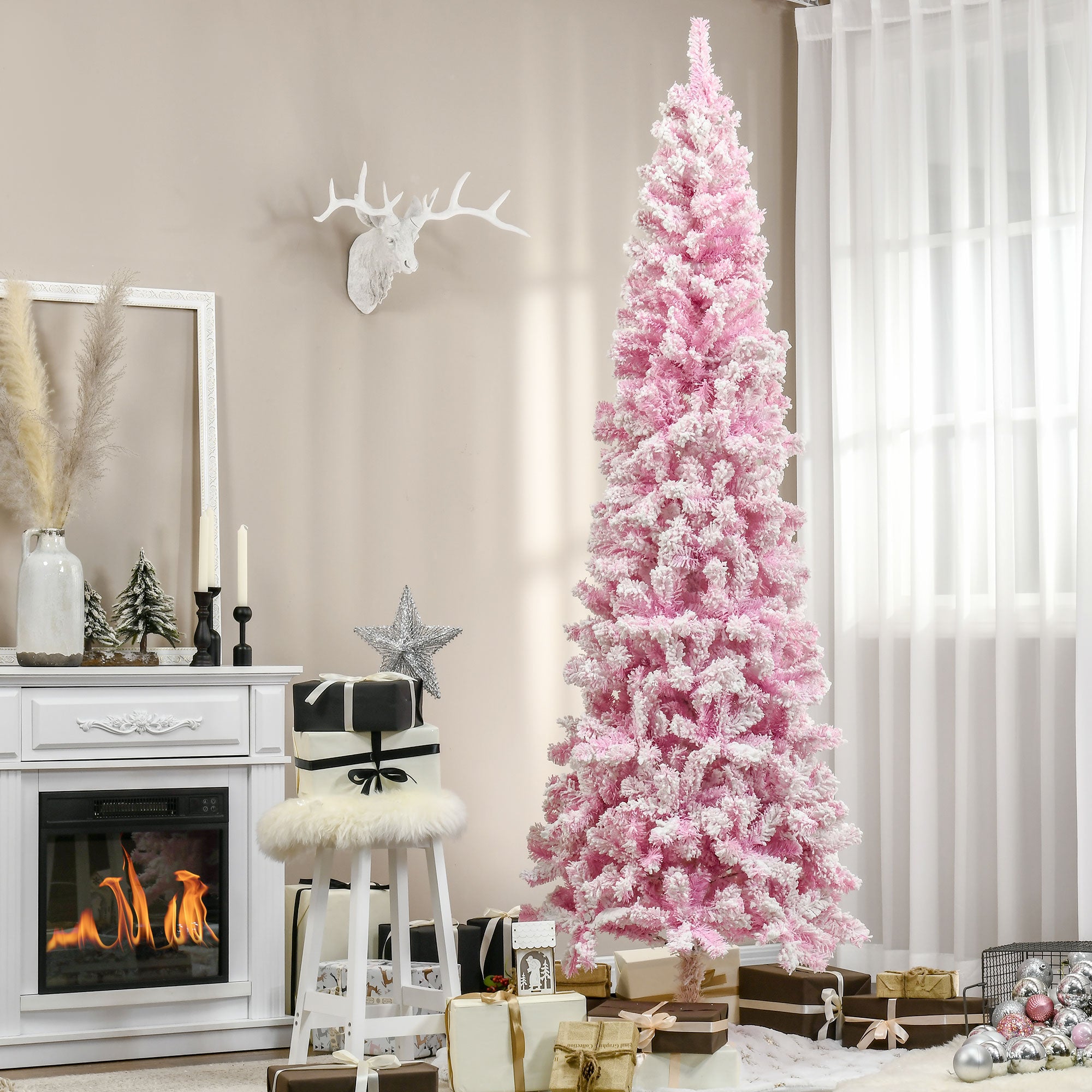 7.5 FT Snow Flocked Artificial Christmas Tree, Pencil Xmas Tree with Realistic Branches, Auto Open and Steel Base, Pink Pencil Christmas Trees   at Gallery Canada