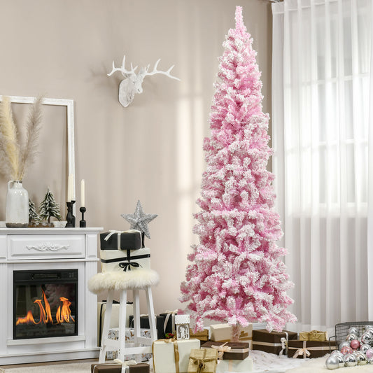 7.5 FT Snow Flocked Artificial Christmas Tree, Pencil Xmas Tree with Realistic Branches, Auto Open and Steel Base, Pink Pencil Christmas Trees Multi Colour  at Gallery Canada